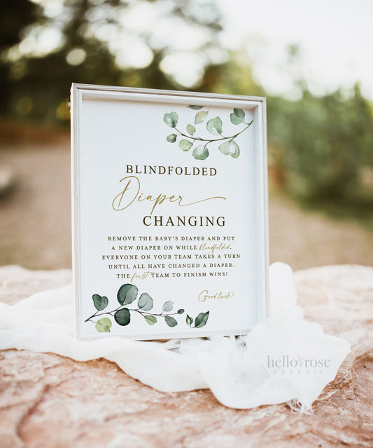 Blindfolded Diaper Changing Game Sign . Boy Girl Baby Shower . Greenery and Gold Boho . Fun Group Game . 8x10 Instant Digital Download G2