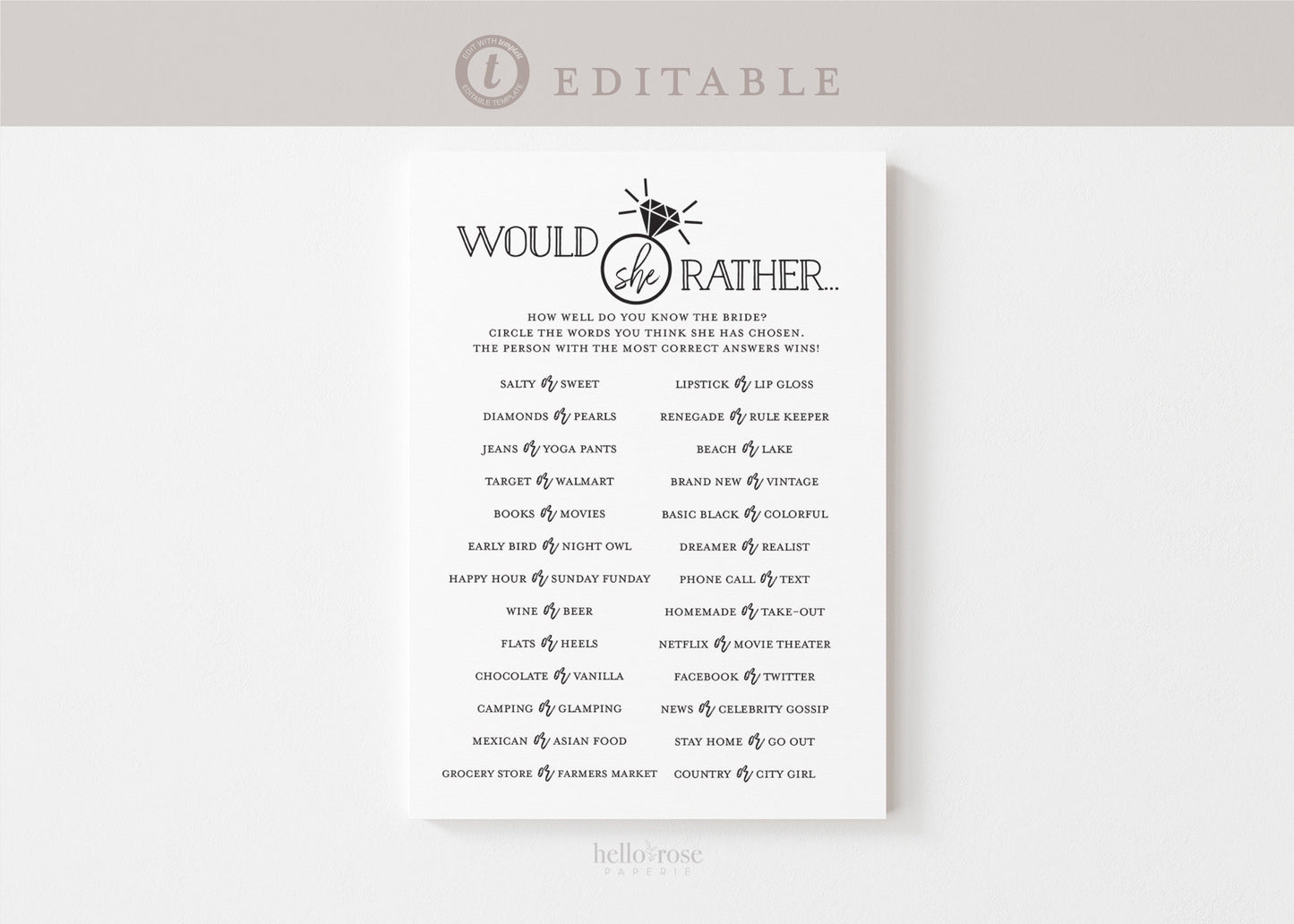 Would She Rather Game . Who Knows Bride Best . Bachelorette . Modern Minimalist . PRINTABLE Editable Template Instant Download Templett G2-T