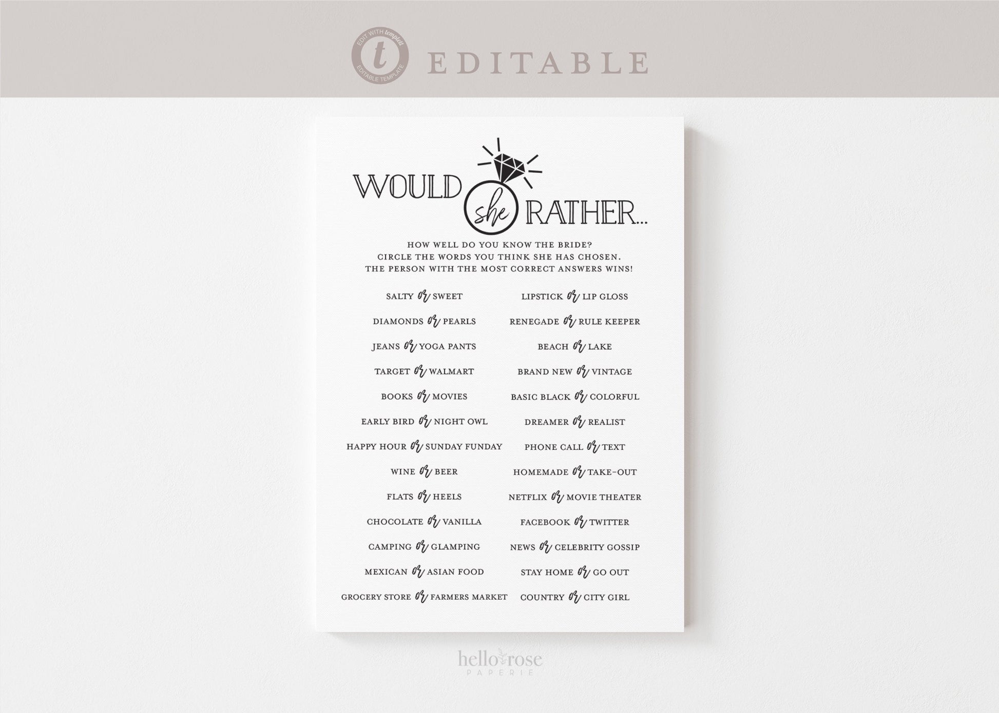 Would She Rather Game . Who Knows Bride Best . Bachelorette . Modern Minimalist . PRINTABLE Editable Template Instant Download Templett G2-T