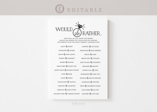 Would She Rather Game . Who Knows Bride Best . Bachelorette . Modern Minimalist . PRINTABLE Editable Template Instant Download Templett G2-T
