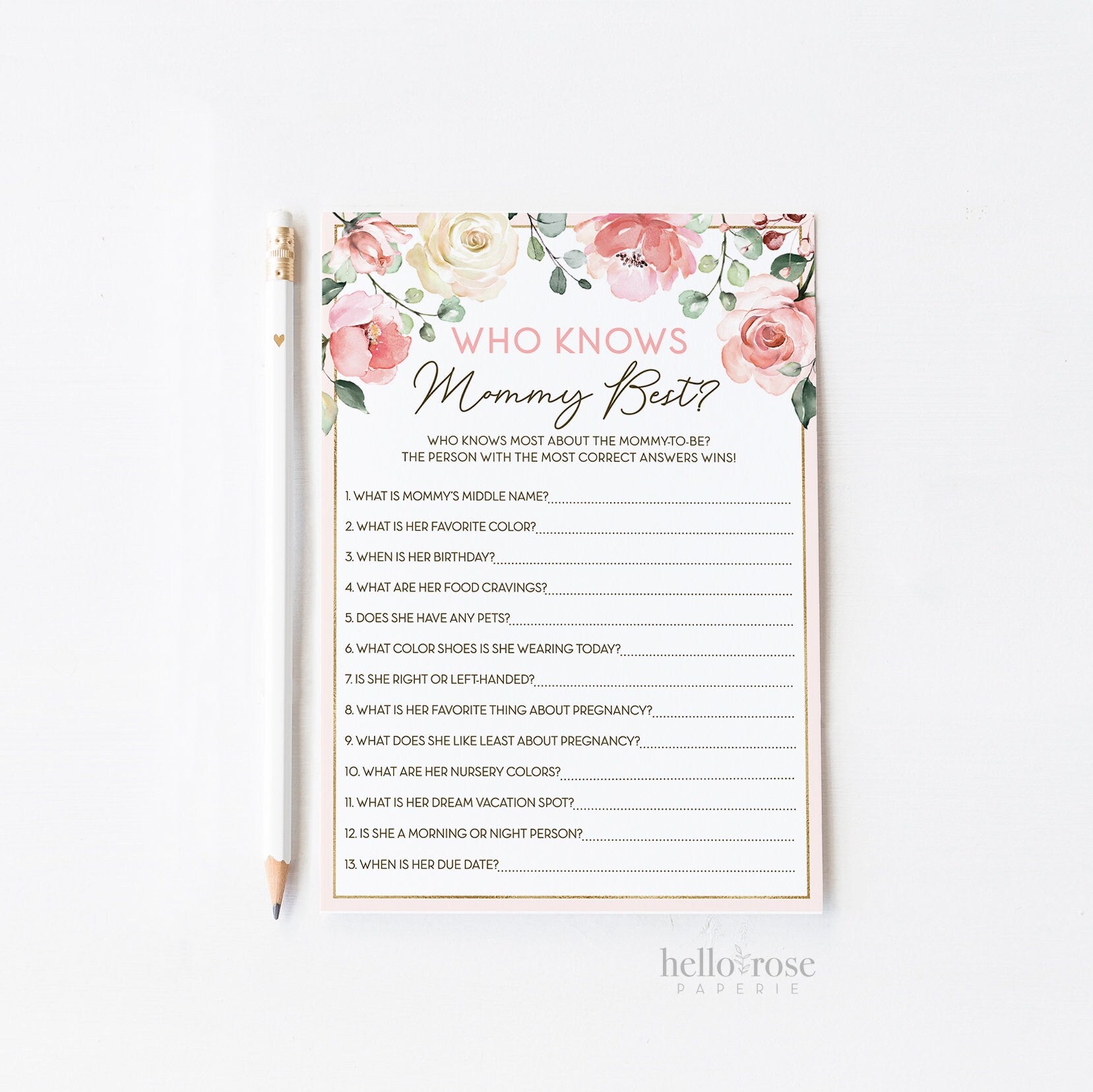 Who Knows Mommy Best Baby Shower Game . Printable . Floral Watercolor Pink Roses Greenery Eucalyptus . Girl Baby Shower . Instant Download