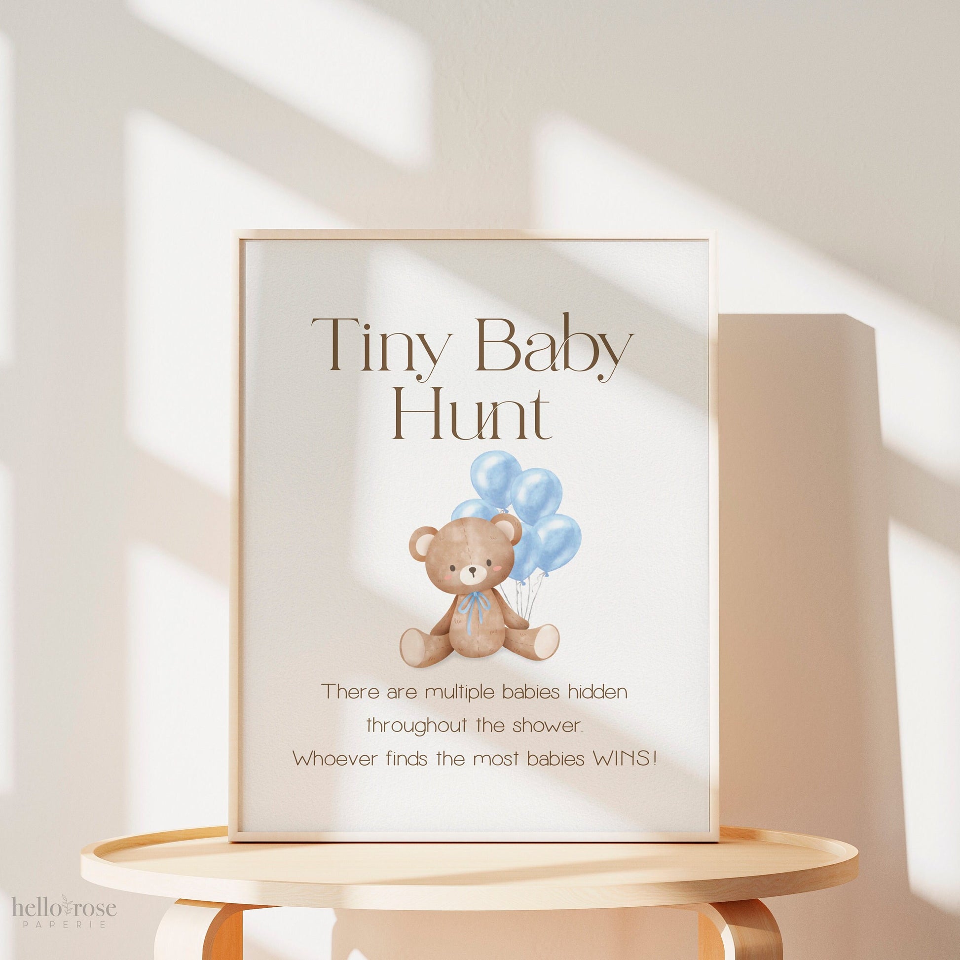 Tiny Baby Hunt Teddy Bear with Blue Bow and Balloons Printable Game Sign . Boy Baby Shower . We Can Bearly Wait . 8x10 Instant Download