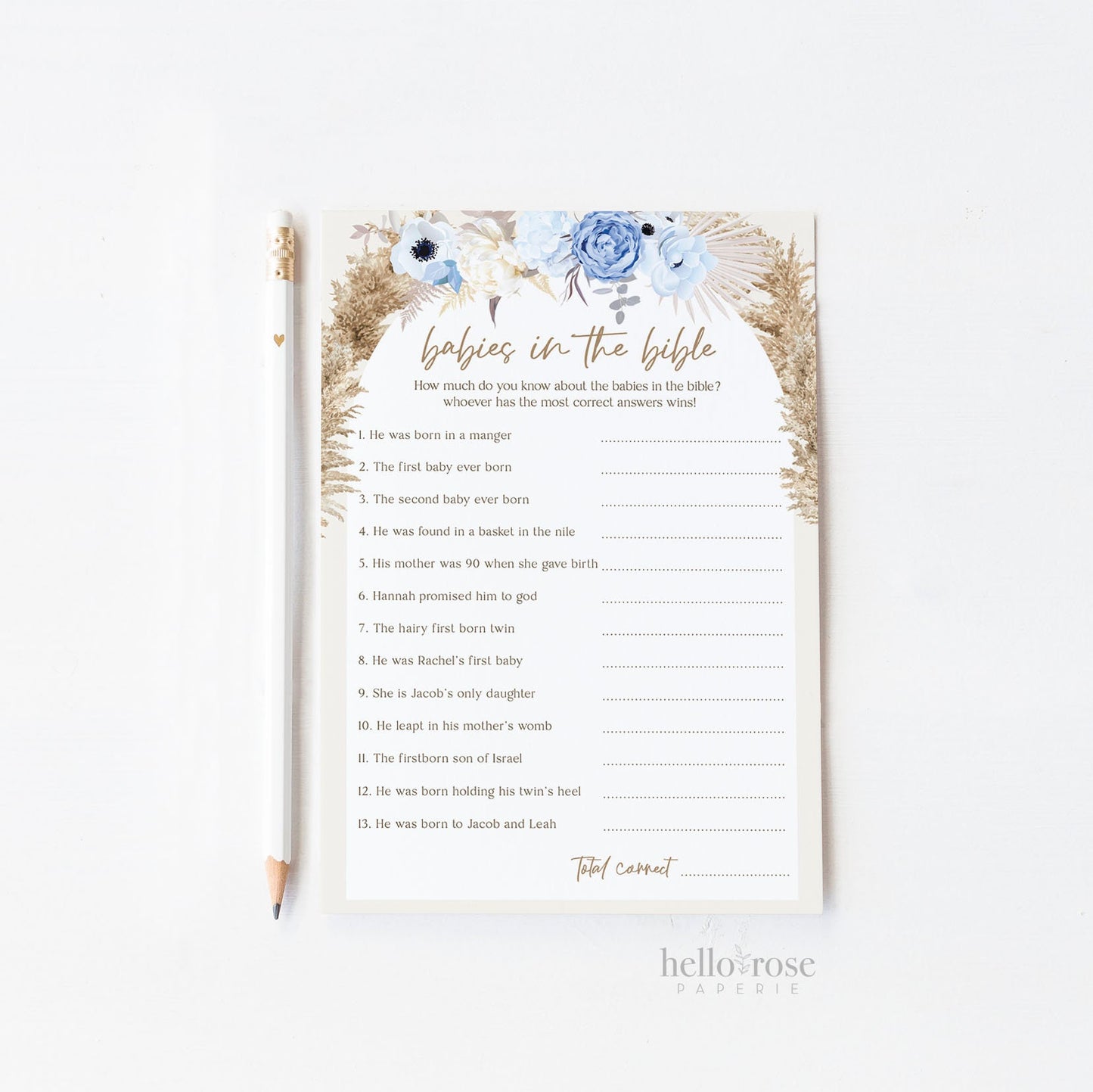 Babies in the Bible Baby Shower Game . Blue Floral Boho Pampas Boy Baby Shower . PRINTABLE Editable Template . Instant Download Templett