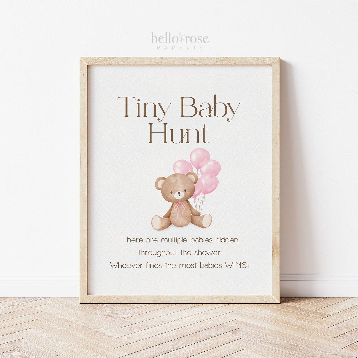 Tiny Baby Hunt Teddy Bear with Pink Balloons Printable Game Sign . Girl Baby Shower . We Can Bearly Wait . 8x10 Instant Download