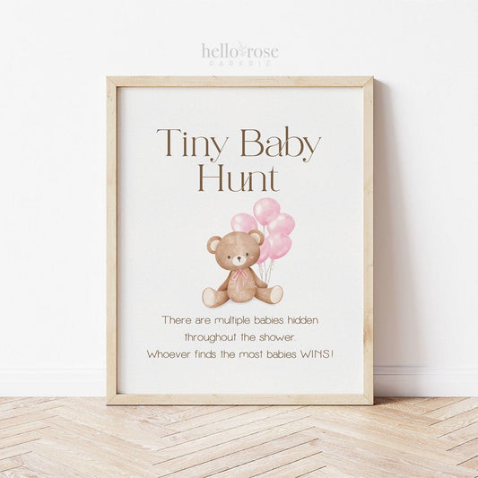 Tiny Baby Hunt Teddy Bear with Pink Balloons Printable Game Sign . Girl Baby Shower . We Can Bearly Wait . 8x10 Instant Download
