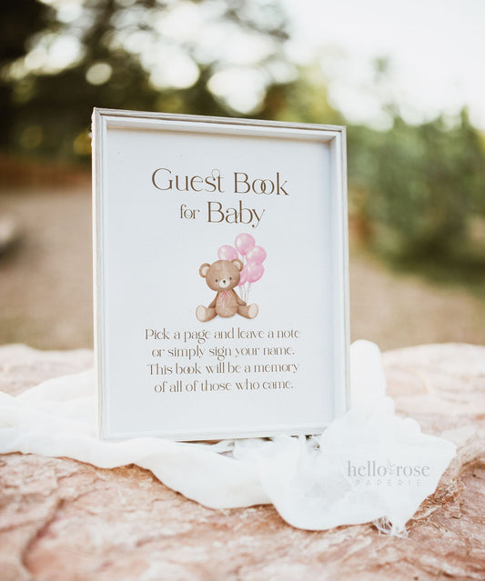 Baby Shower Guest Book Sign . Pick a Page Baby Guestbook . Girl Teddy Bear with Pink Balloons . We Can Bearly Wait . PRINTABLE DOWNLOAD 8x10