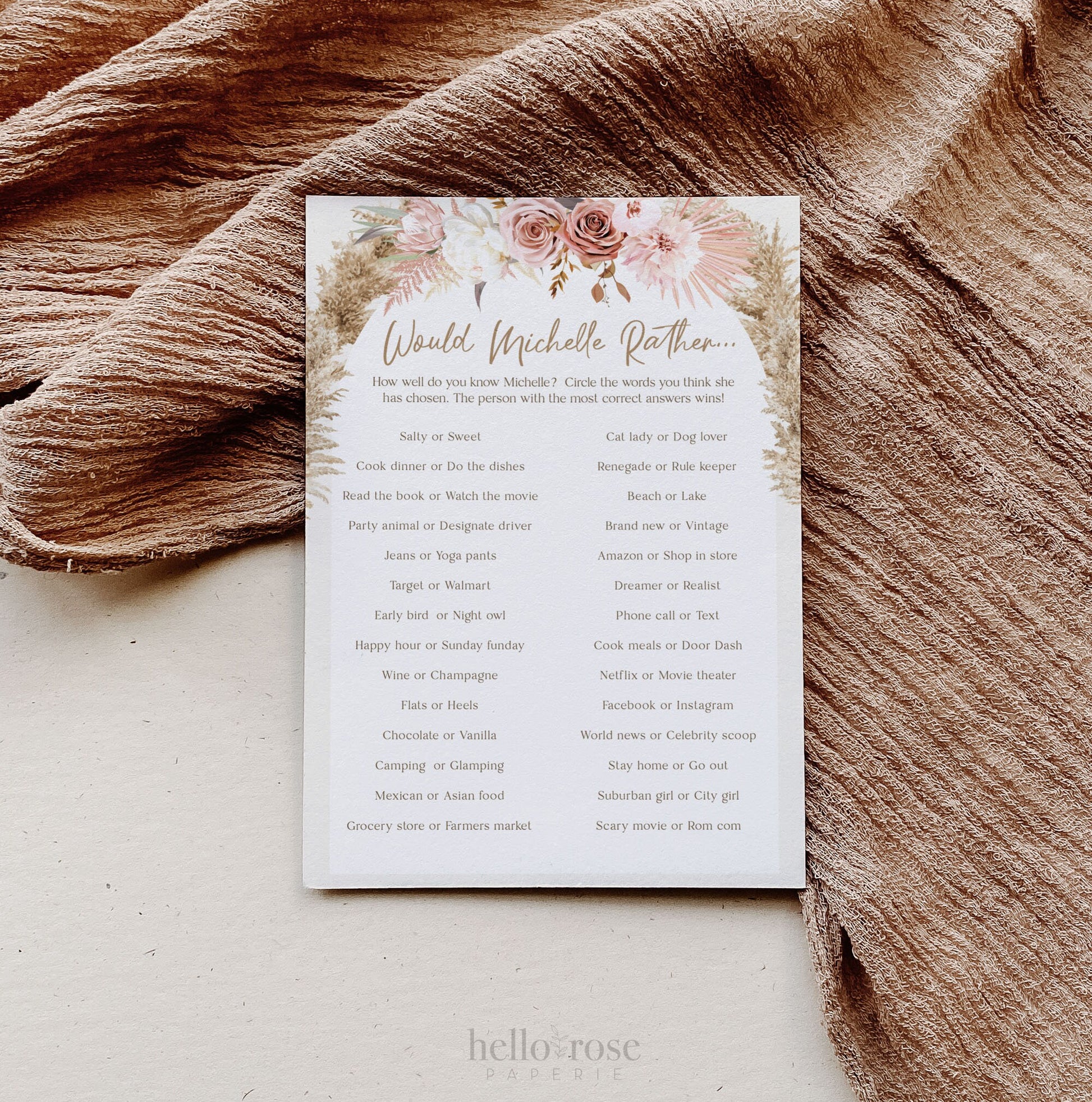 Would She Rather Girl Baby Shower Game . Pink Floral Boho Pampas Girl Baby Shower . PRINTABLE Editable Template . Instant Download Templett