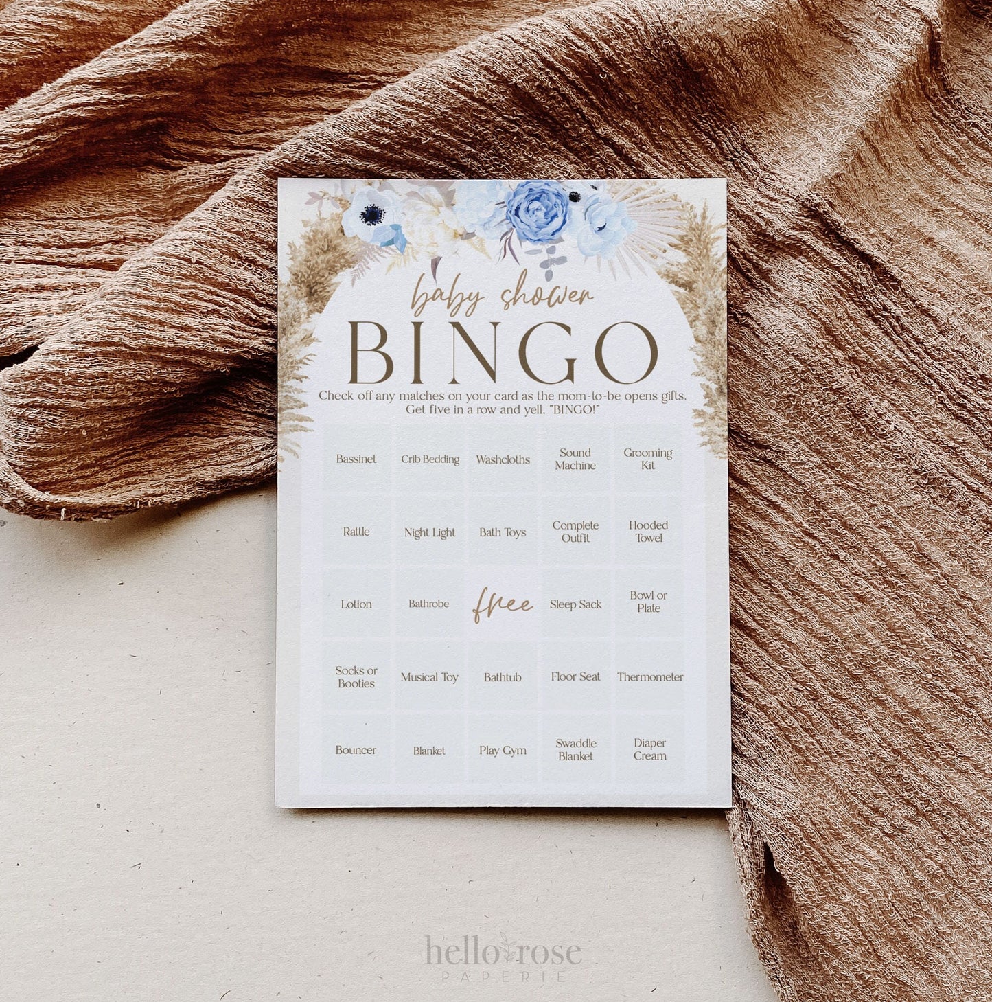 Baby Shower Bingo 50 Pre Filled Unique Printable Game Cards . Presents Gift Opening Bingo Game . Pampas Grass Blue Floral . Instant Download