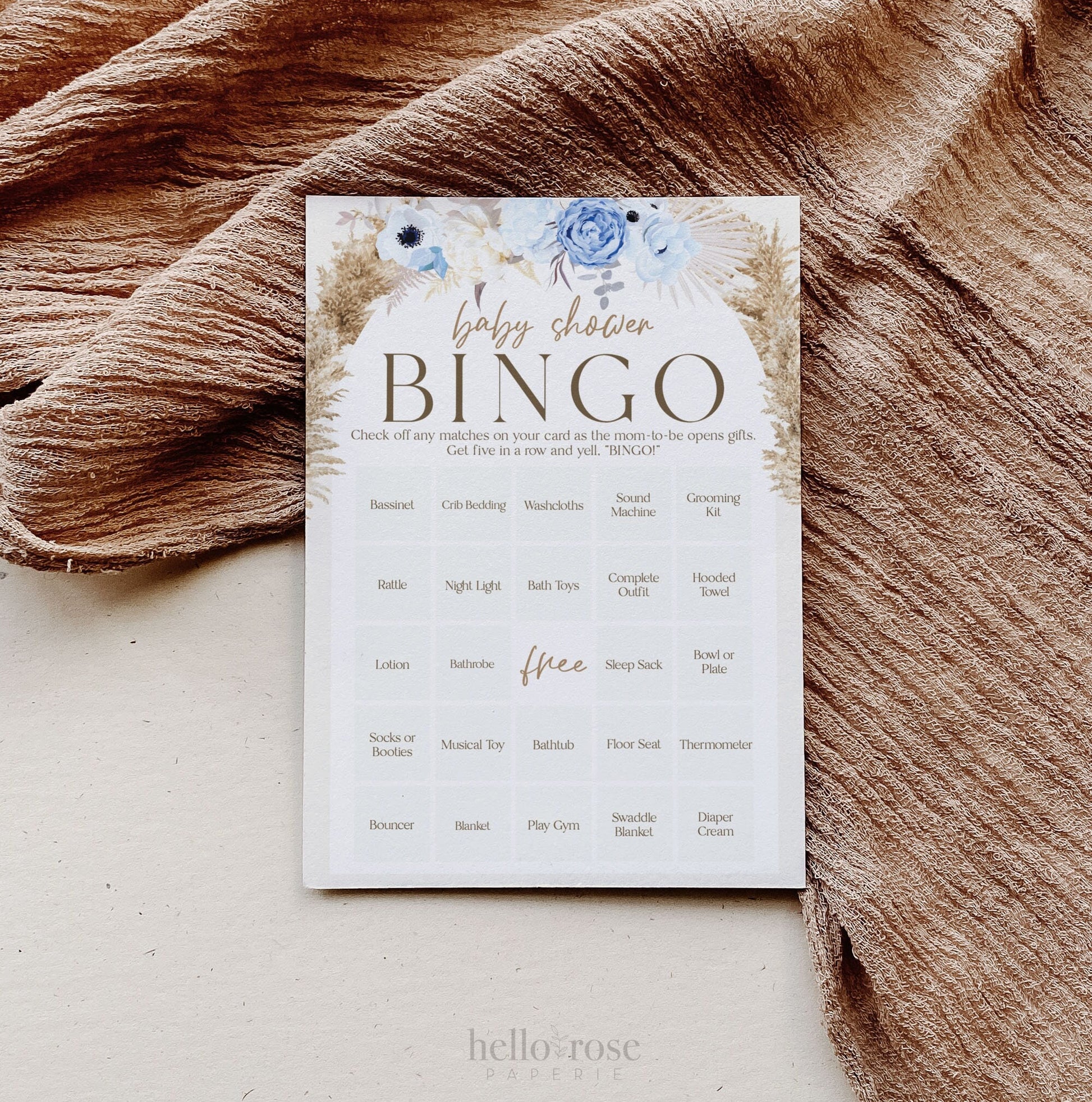 Baby Shower Bingo 50 Pre Filled Unique Printable Game Cards . Presents Gift Opening Bingo Game . Pampas Grass Blue Floral . Instant Download