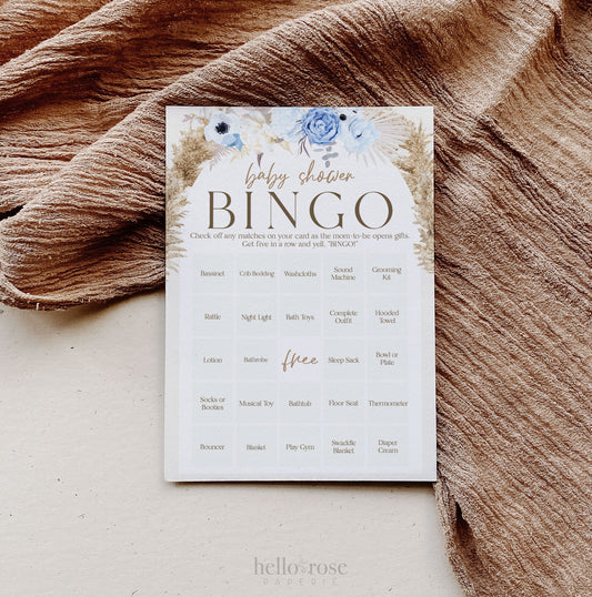 Baby Shower Bingo 50 Pre Filled Unique Printable Game Cards . Presents Gift Opening Bingo Game . Pampas Grass Blue Floral . Instant Download