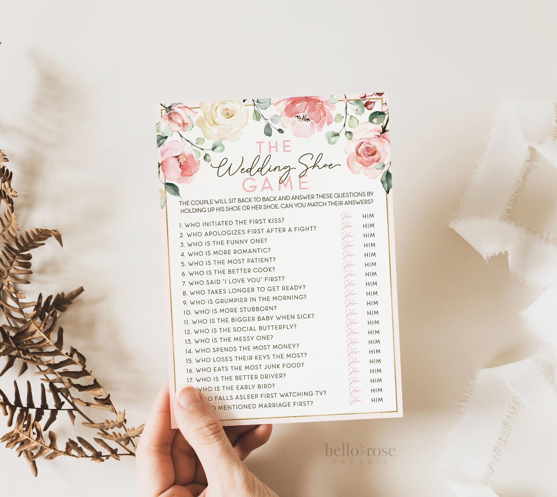 The Wedding Shoe Game Printable . Bridal Wedding Shower . Engagement Party . Rustic Pink Roses and Greenery Eucalyptus . Instant Download