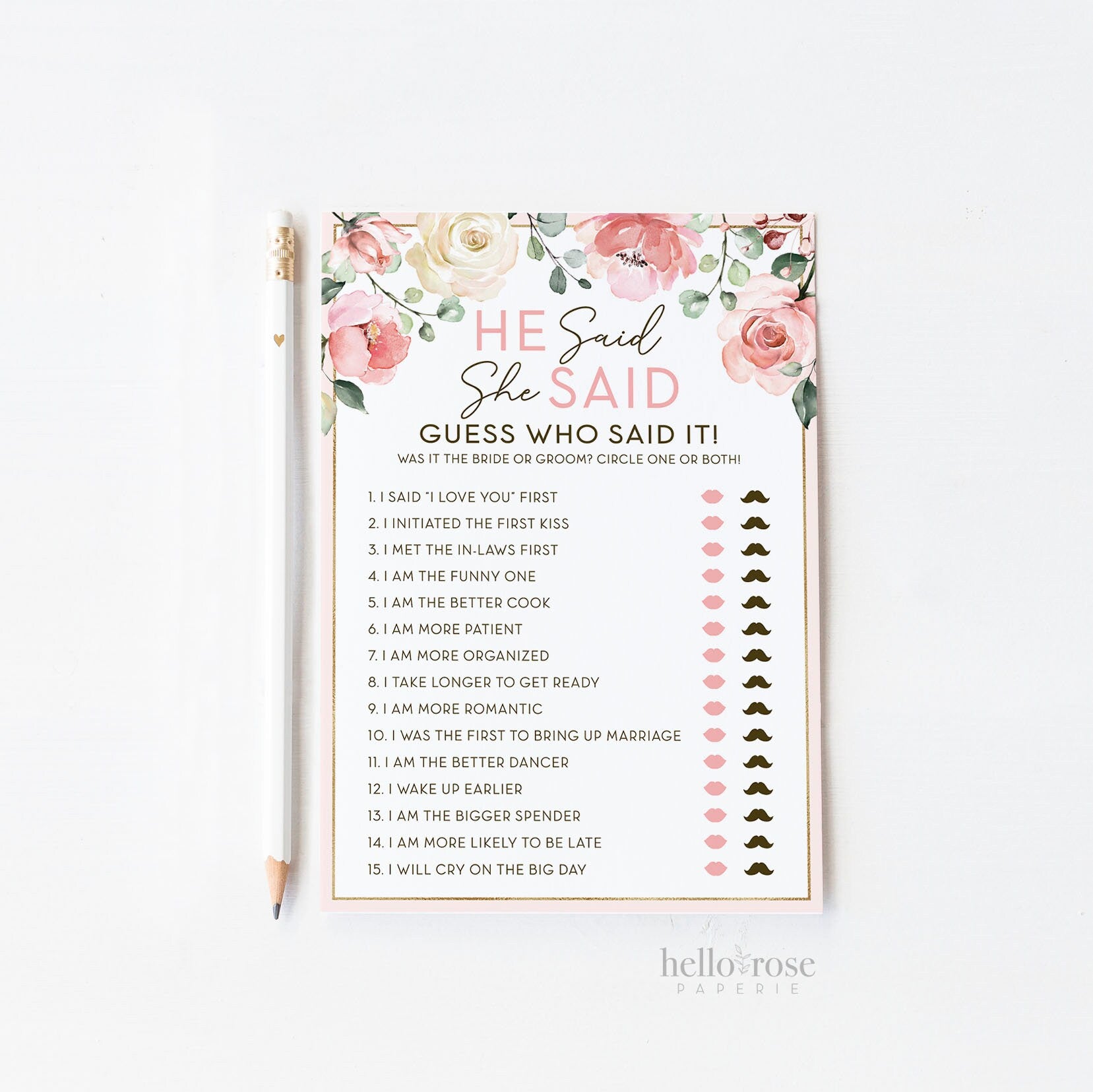 He Said She Said Floral Bridal Shower Game . Printable Icebreaker . Hen Bachelorette Party . Rustic Pink Roses Eucalyptus . Instant Download