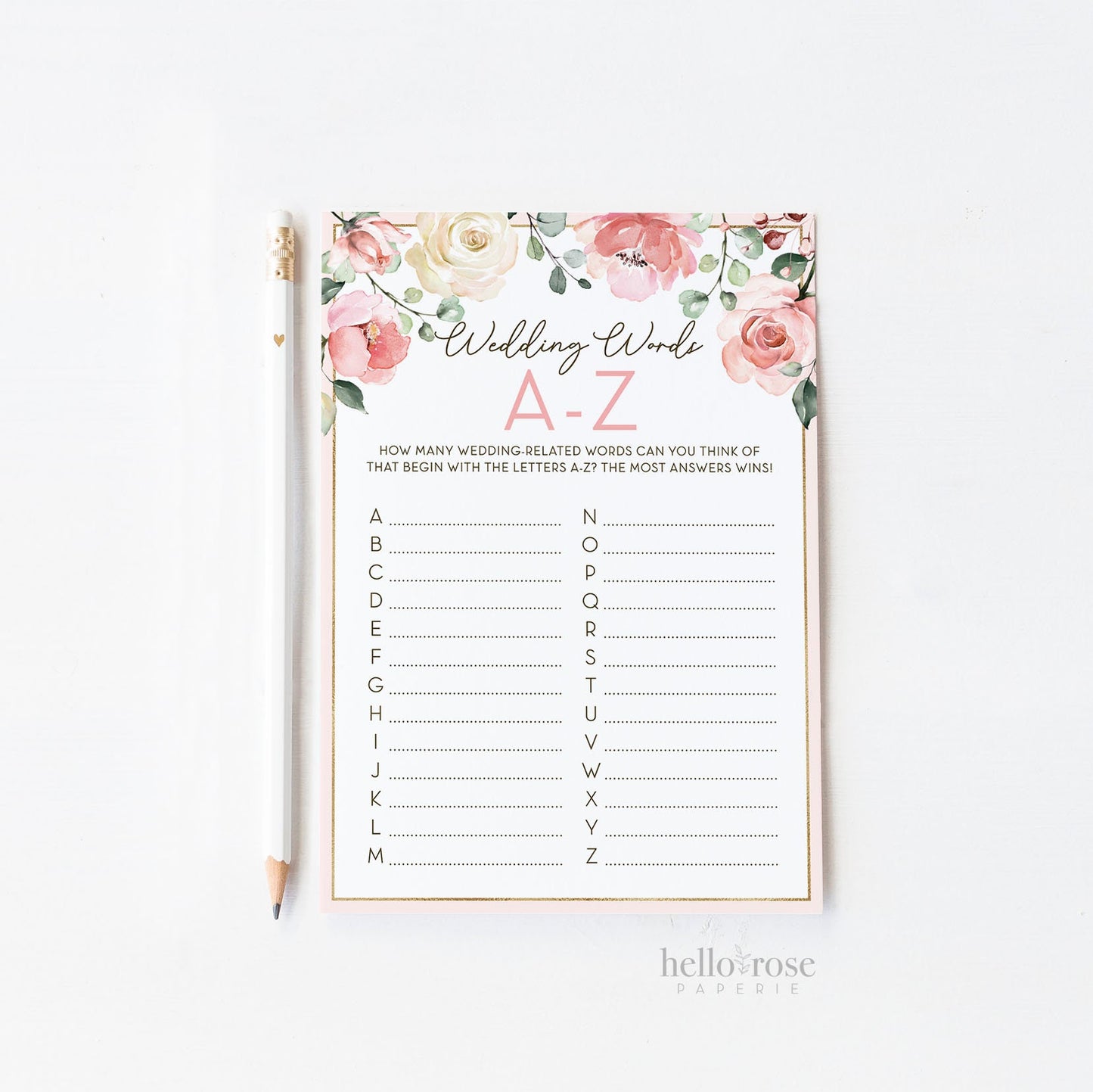 Wedding Words A-Z Bridal Shower Printable Game . Bachelorette Hens Party . Blush Pink Roses Greenery Eucalyptus . Instant Digital Download