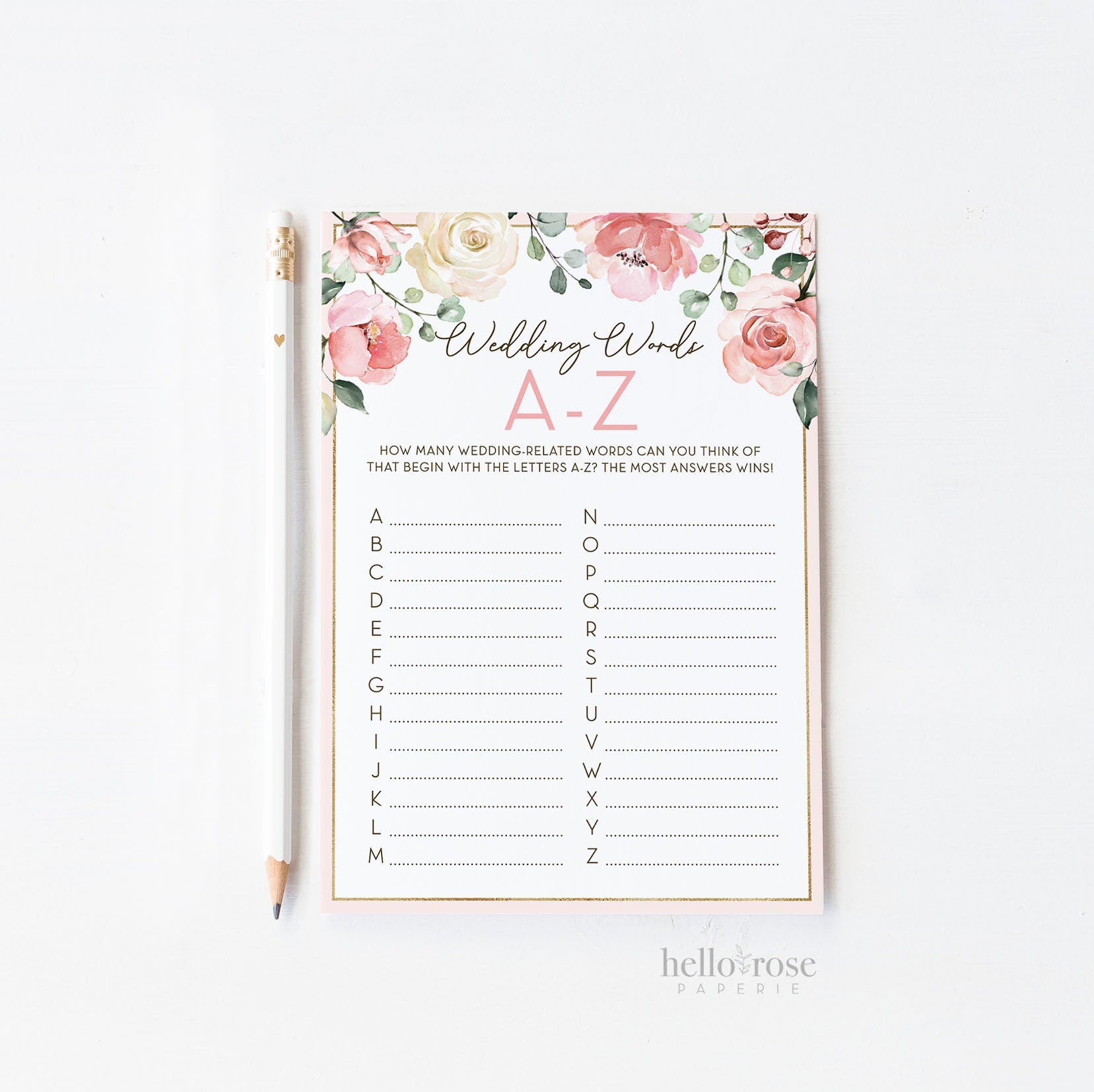 Wedding Words A-Z Bridal Shower Printable Game . Bachelorette Hens Party . Blush Pink Roses Greenery Eucalyptus . Instant Digital Download
