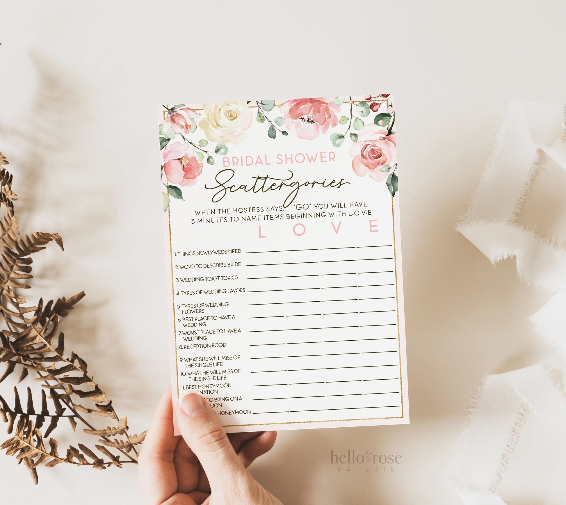 Scattergories Bridal Shower Printable Game . Bachelorette Hens Party . Blush Pink Roses Greenery Eucalyptus . Instant Download