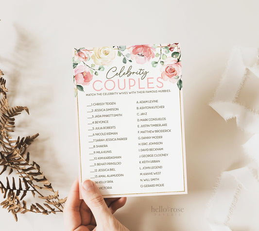 Celebrity Couples Quiz Floral Bridal Shower Printable Game . Bachelorette Hens Party Blush Pink Rose Eucalyptus Greenery . Instant Download
