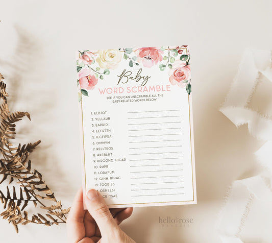 Baby Word Scramble . Baby Shower Game Printable . Floral Watercolor Pink Roses Greenery Eucalyptus . Girl Baby Shower . Instant Download