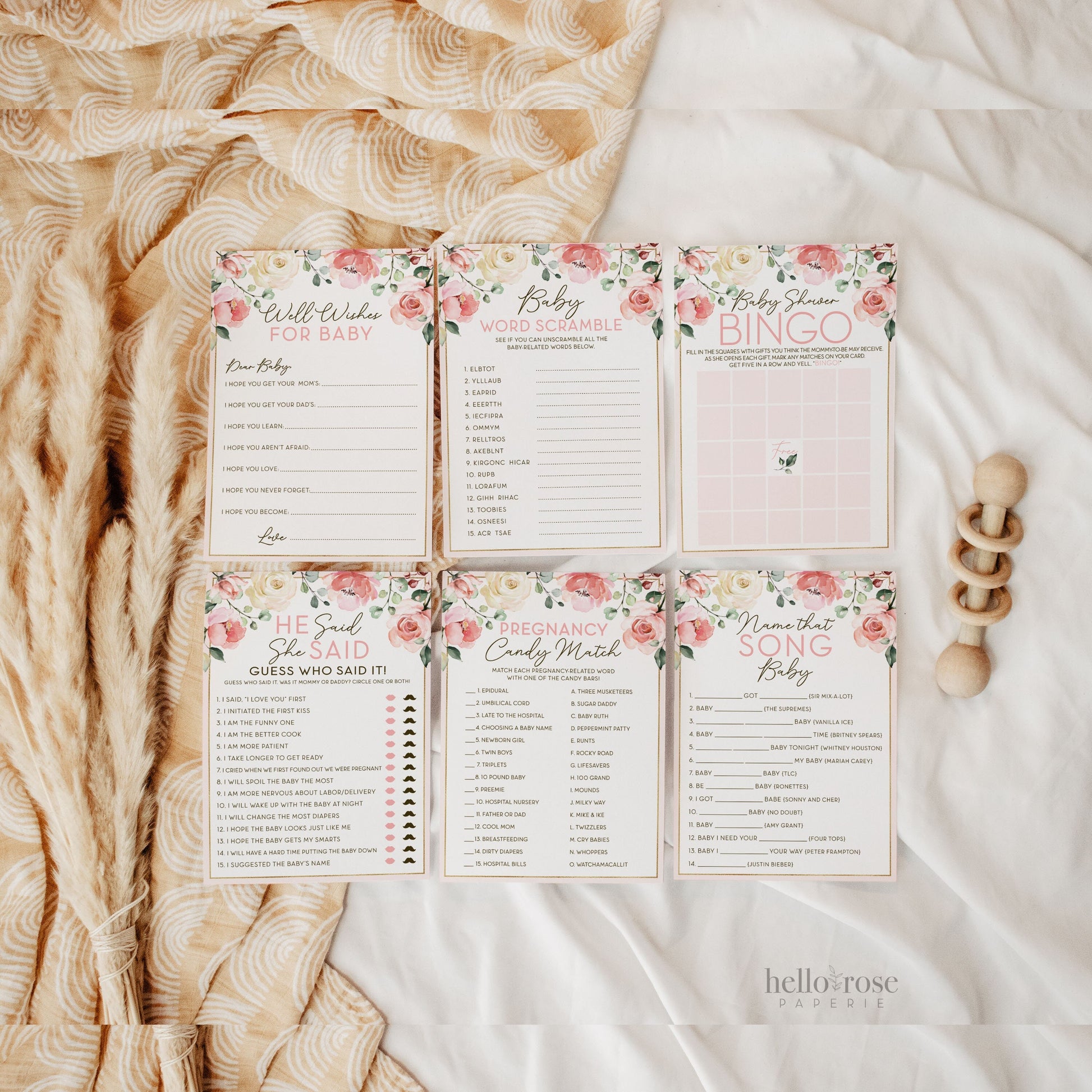 Floral Baby Shower Games Bundle . Blush Pink White Roses Greenery Eucalyptus . Girl Baby Shower Games . PRINTABLE Instant Digital Download