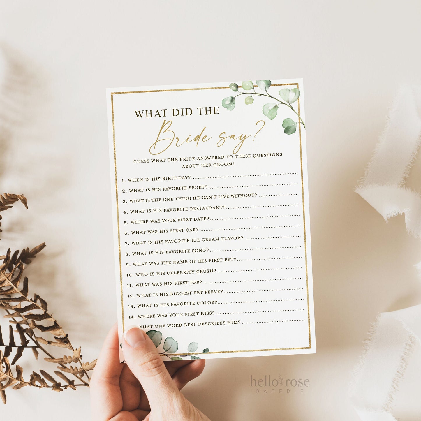 What Did the Bride Say About the Groom Personalized Bridal Shower Game . Greenery PRINTABLE Editable Template Instant Download Templett G2-T