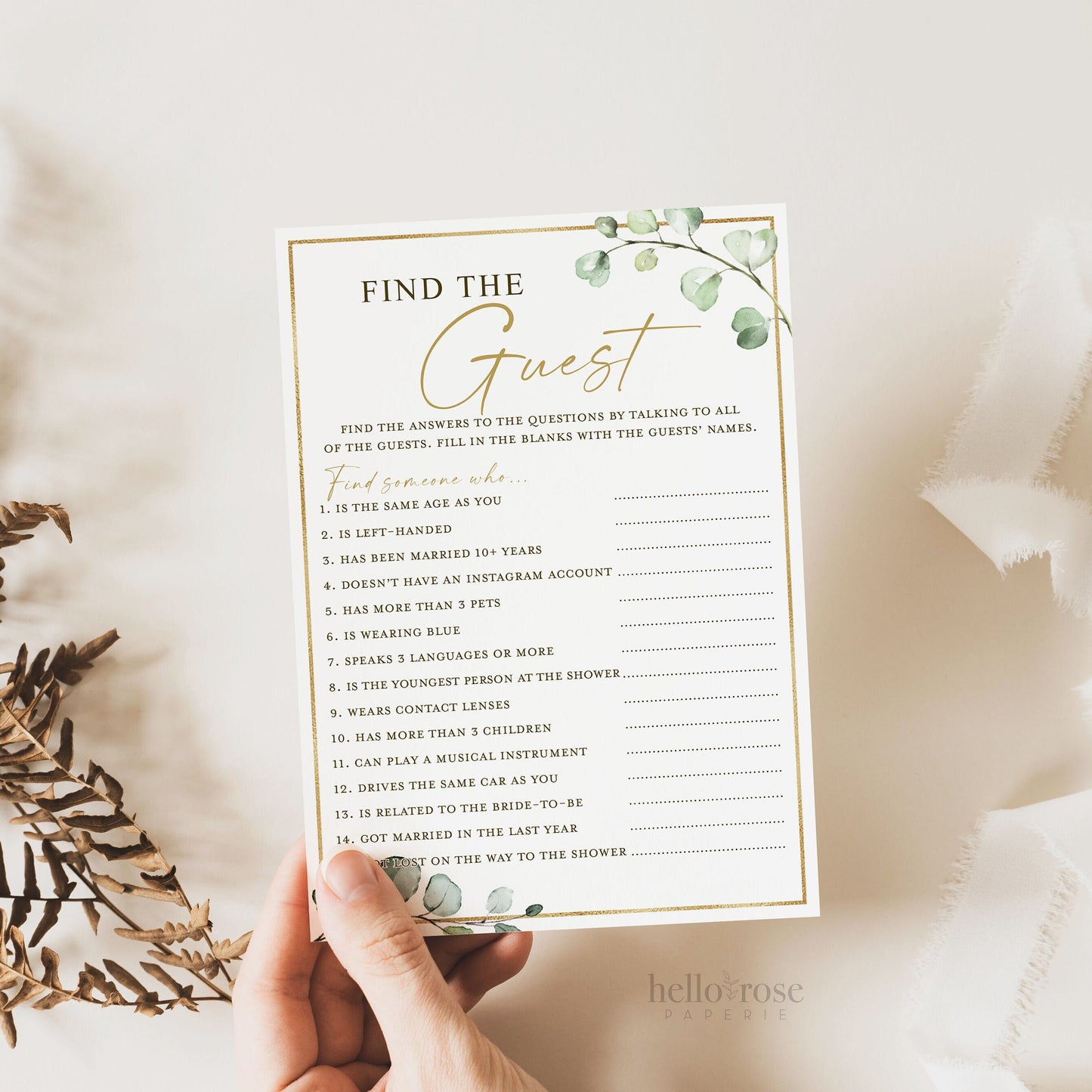 Baby Shower Find the Guest Who Printable Game . Greenery and Gold . PRINTABLE Editable Template . Instant Download Templett G2-T