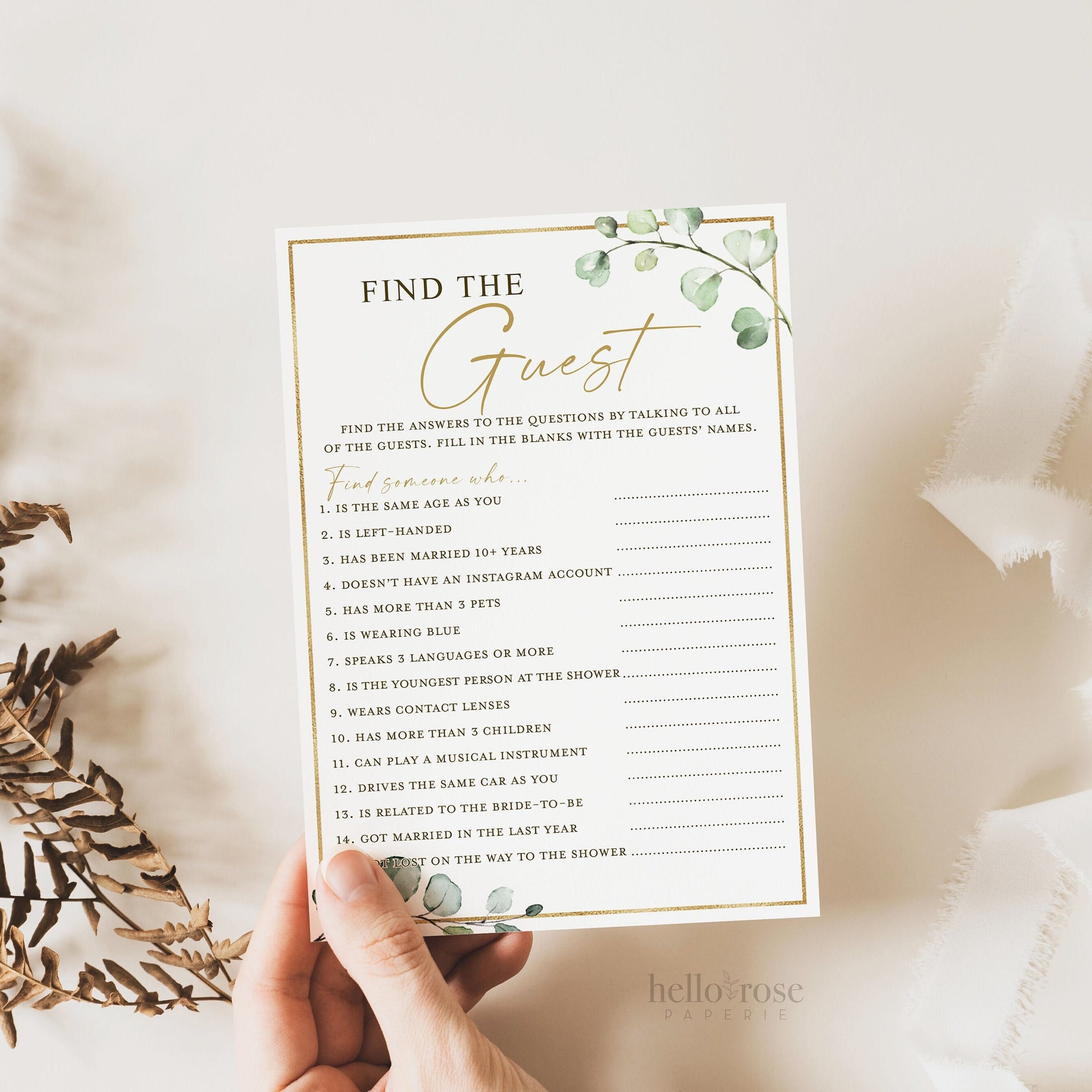 Baby Shower Find the Guest Who Printable Game . Greenery and Gold . PRINTABLE Editable Template . Instant Download Templett G2-T