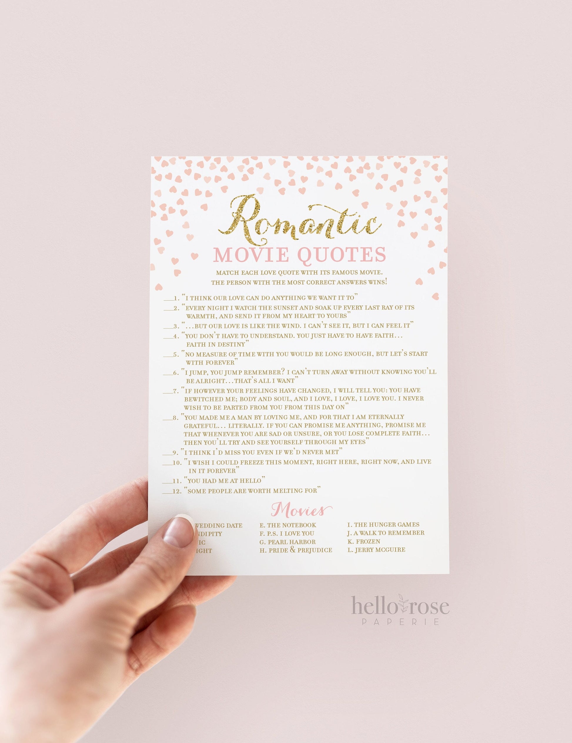 Romantic Movie Quotes Bridal Shower Game . Match the Movie Love Quotes . Pink and Gold Bridal Shower Game . Printable Instant Download DIY