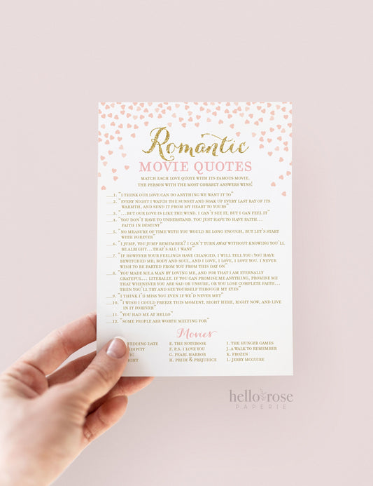 Romantic Movie Quotes Bridal Shower Game . Match the Movie Love Quotes . Pink and Gold Bridal Shower Game . Printable Instant Download DIY