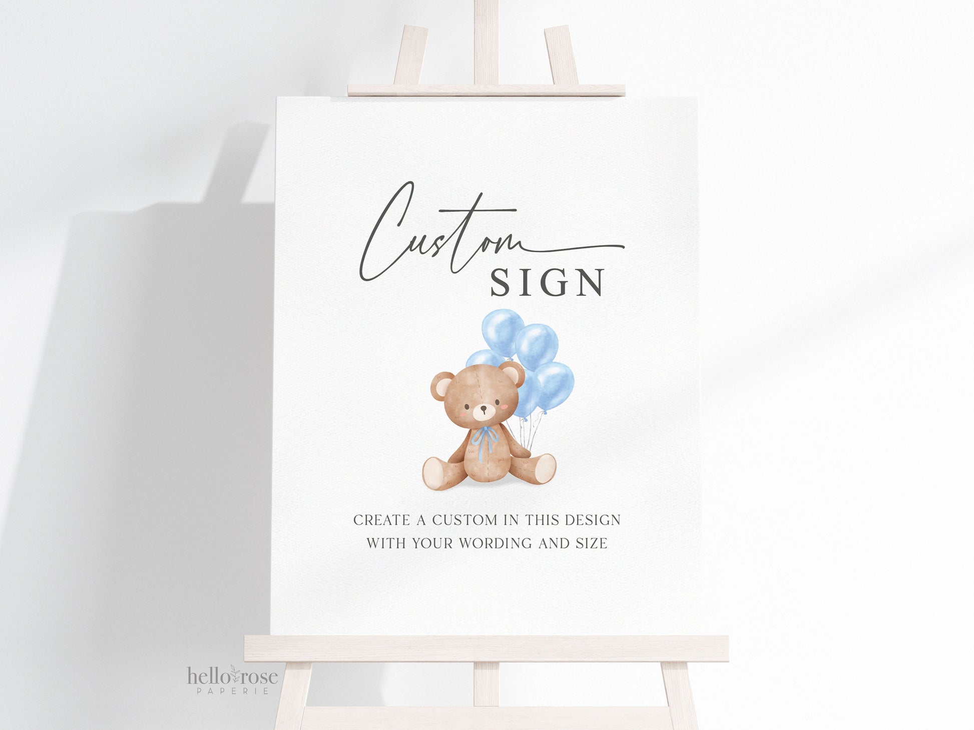 Custom Editable Sign Teddy Bear with Blue Balloons, Boy Baby Shower, Couples Shower, BabySprinkle, We Can Bearly Wait, Template Download