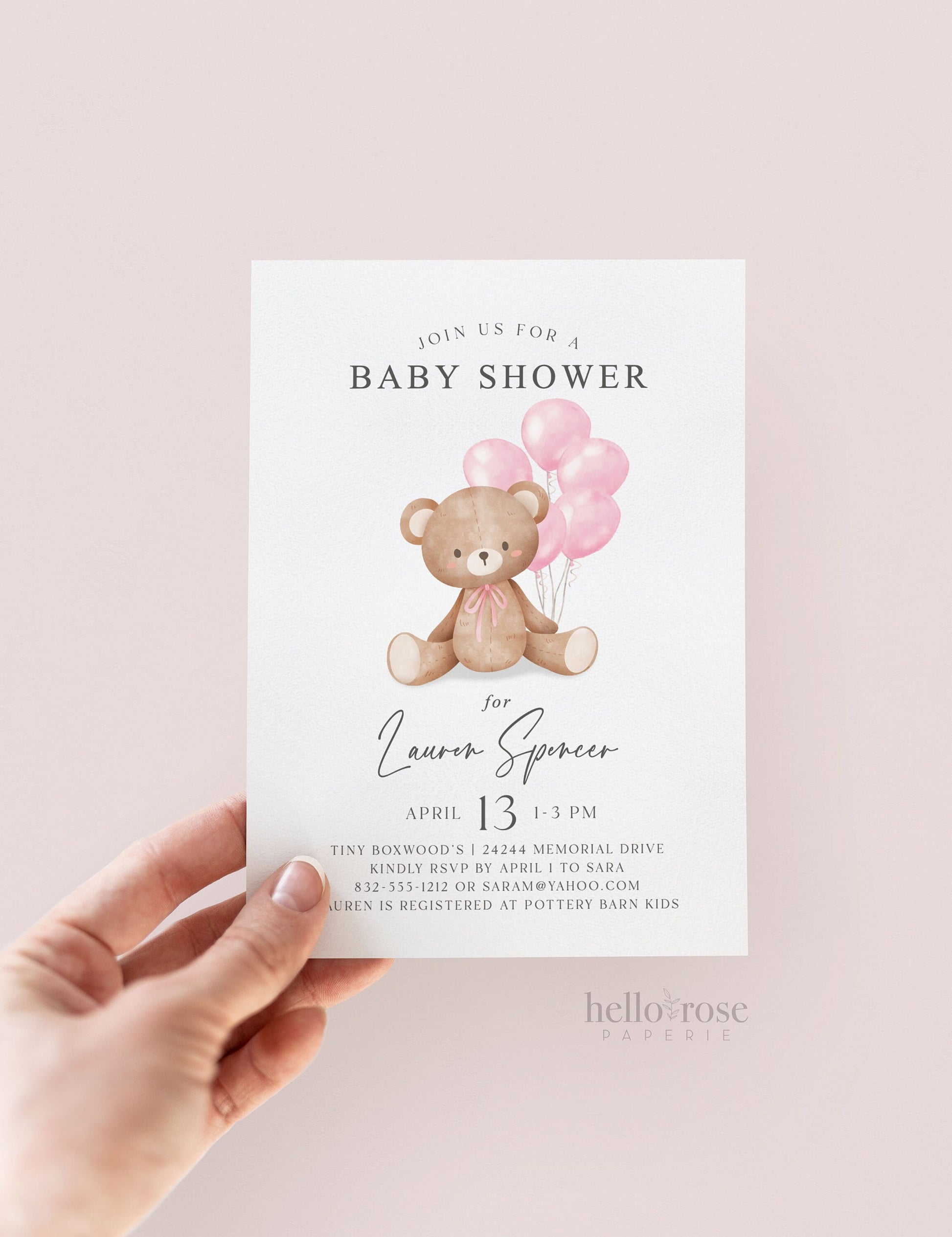 Bear Baby Shower Invitation, We Can Bearly Wait, Bear with Pink Balloons, Girl Baby Shower, Sprinkle, Editable Template Download Templatt