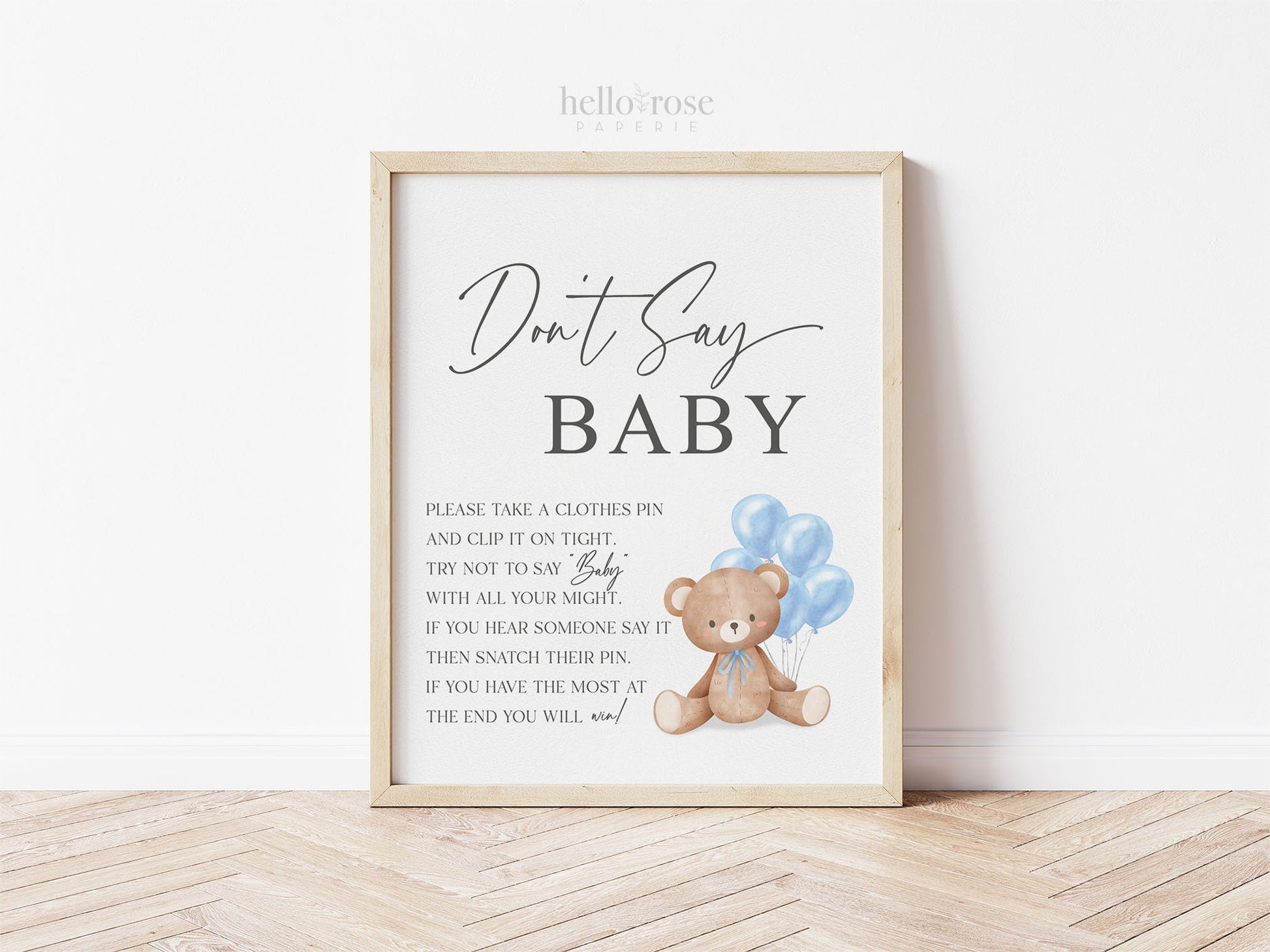 Dont Say Baby Baby Shower Game Sign, Teddy Bear with Blue Balloons, Boy Baby Shower, Baby Sprinkle, We Can Bearly Wait, Template Download
