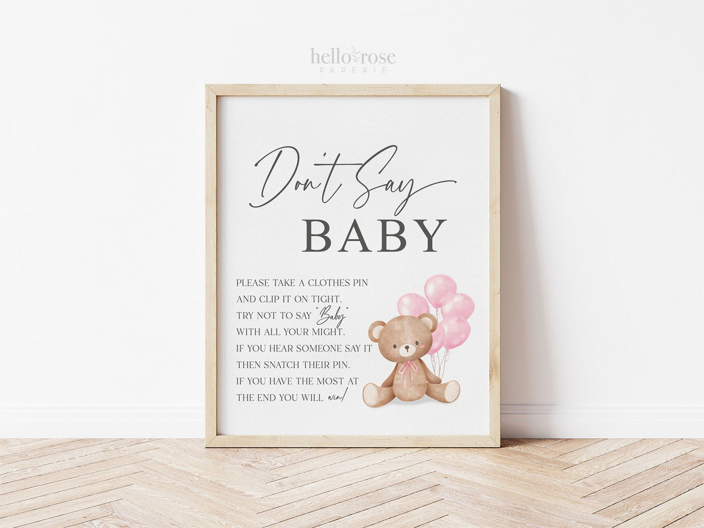 Dont Say Baby Baby Shower Game Sign, Teddy Bear with Pink Balloons, Girl Baby Shower, Baby Sprinkle, We Can Bearly Wait, Template Download