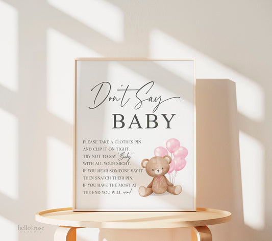 Dont Say Baby Baby Shower Game Sign, Teddy Bear with Pink Balloons, Girl Baby Shower, Baby Sprinkle, We Can Bearly Wait, Template Download