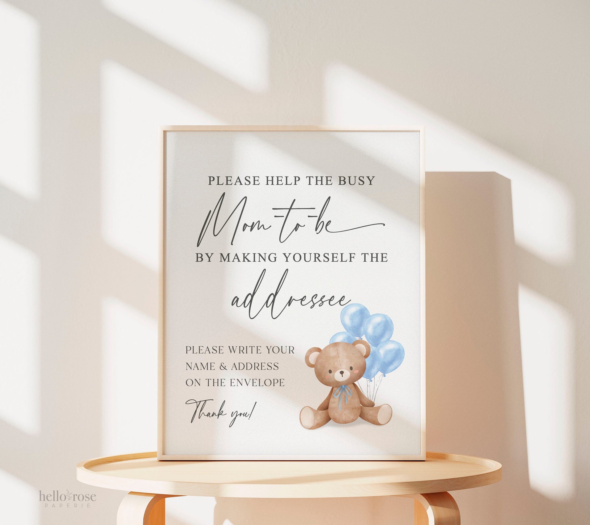 Help the Busy Mom to Be Addressee Baby Shower Envelope Sign, Bear with Blue Balloons, Boy Baby Shower, Baby Sprinkle, Template Download