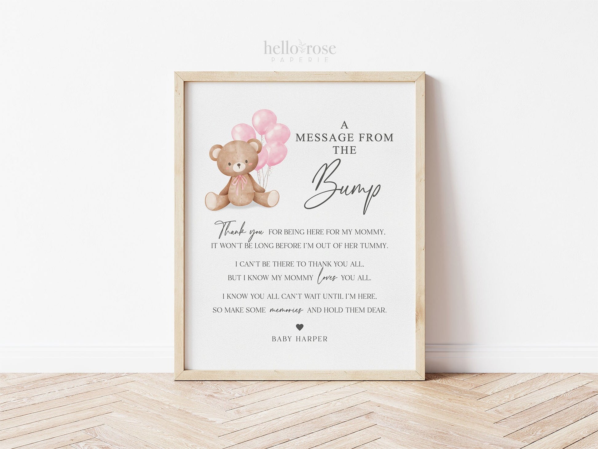 A Message from the Bump Baby Shower Sign, Bump Sign, Message From Baby, Bear Pink Balloons, Girl Baby Shower, PRINTABLE Template Download