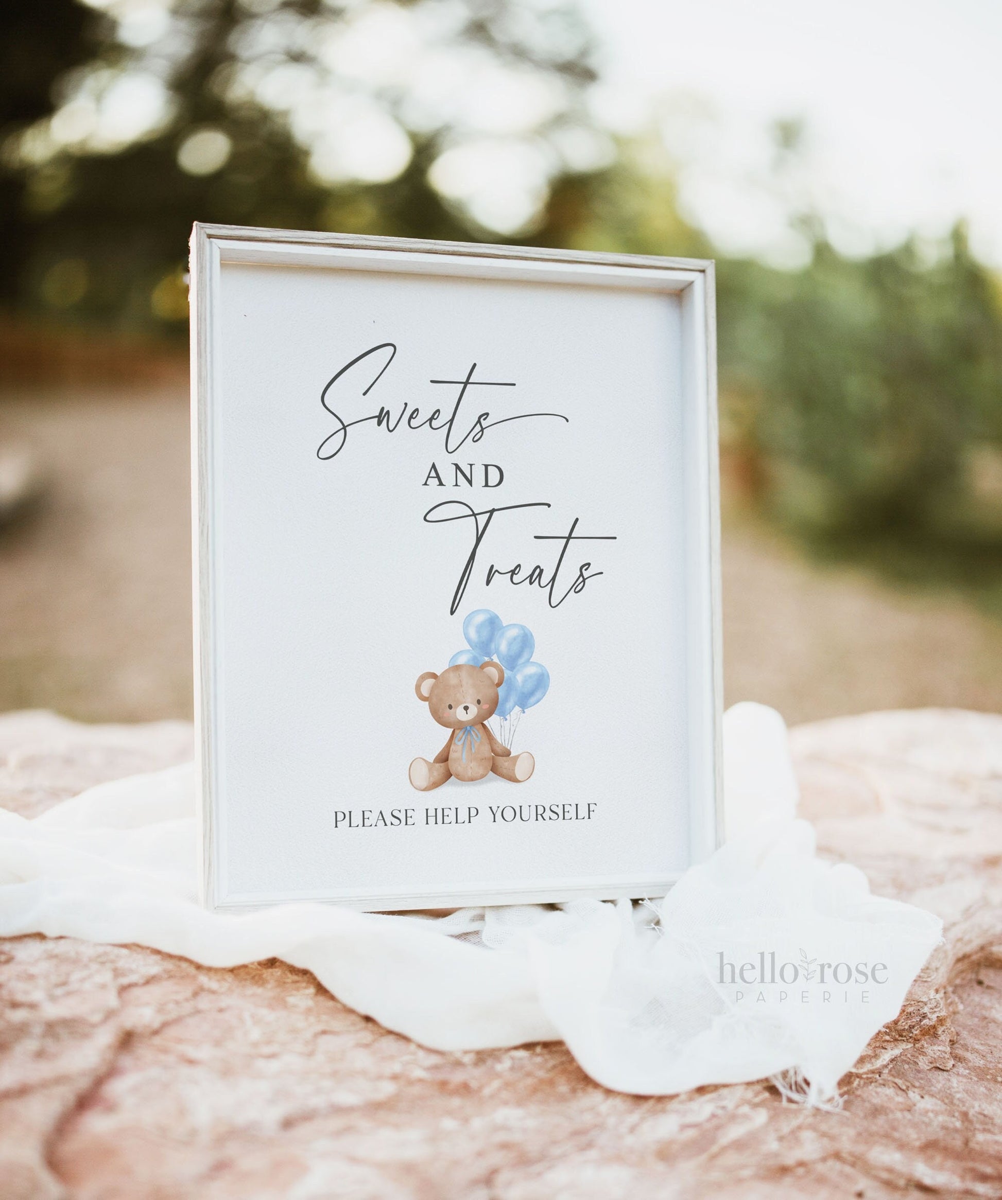 Sweets and Treats Baby Shower Favors Printable Sign, Bear with Blue Balloons, Boy Baby Shower, Baby Sprinkle, Template Download Templett