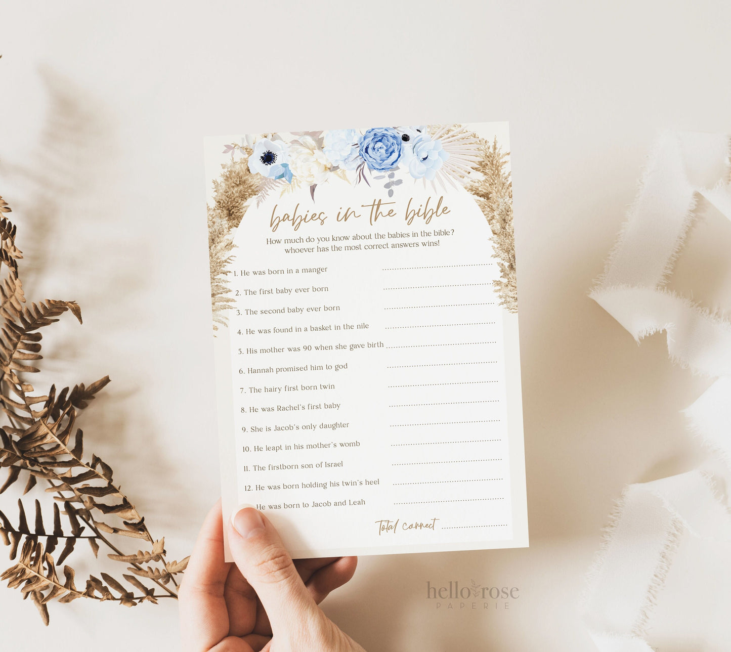 Babies in the Bible Baby Shower Game . Blue Floral Boho Pampas Boy Baby Shower . PRINTABLE Editable Template . Instant Download Templett