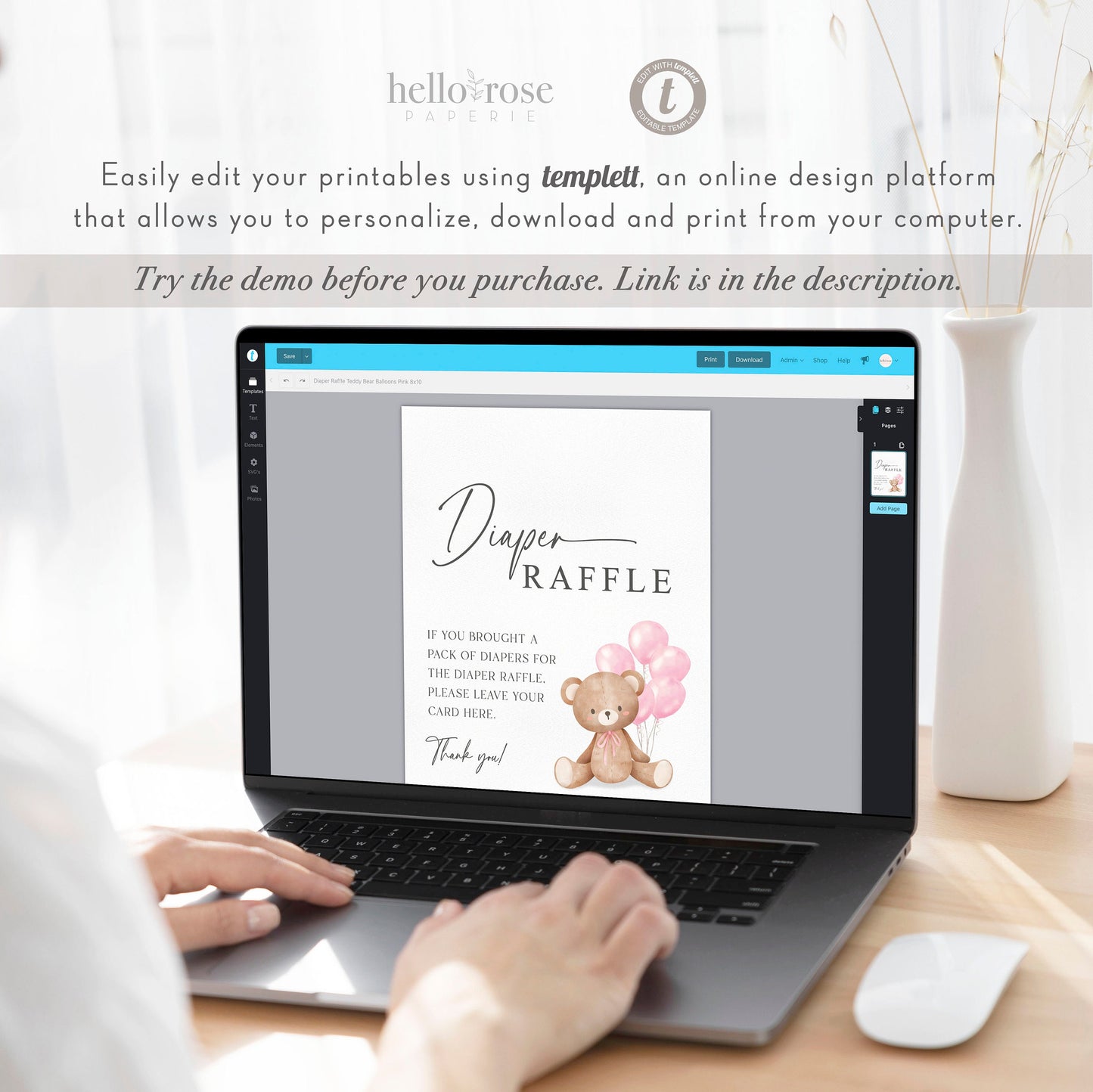 Diaper Raffle Baby Shower Game Sign + Cards, Teddy Bear Girl with Pink Balloons, Couples Shower, Baby Sprinkle, Template Download Templett