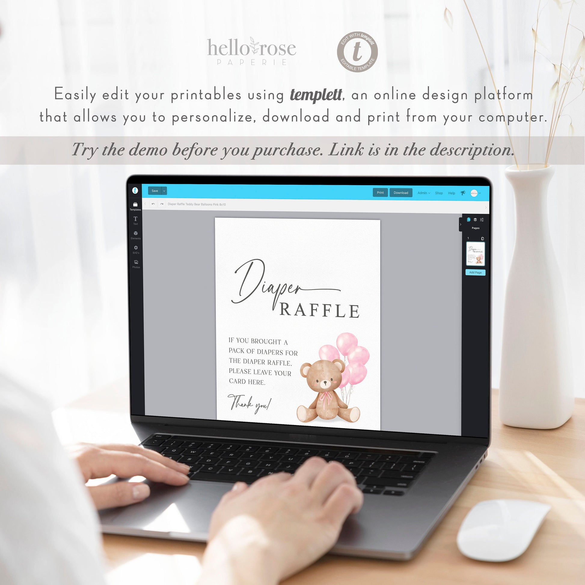 Diaper Raffle Baby Shower Game Sign + Cards, Teddy Bear Girl with Pink Balloons, Couples Shower, Baby Sprinkle, Template Download Templett