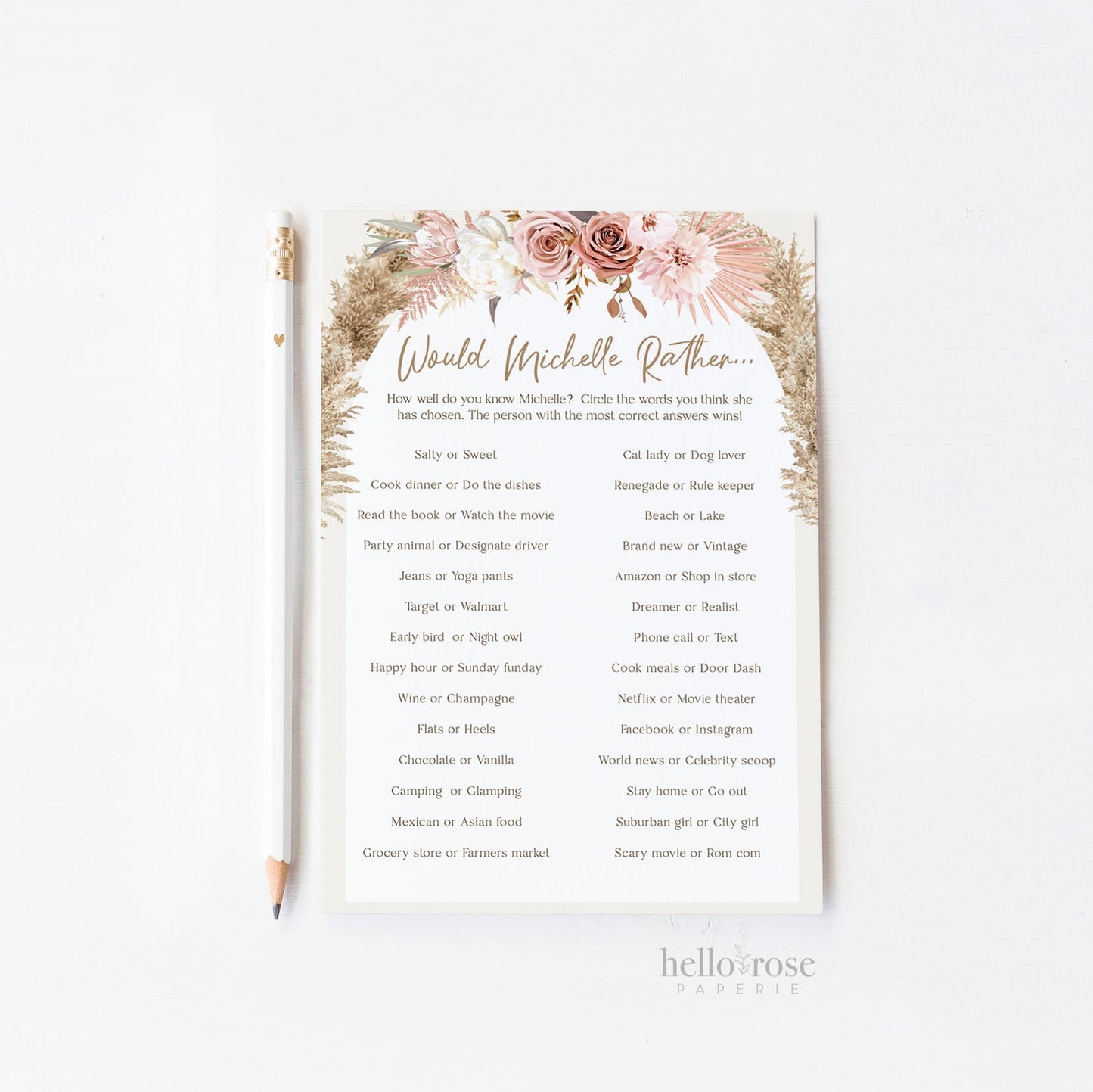 Would She Rather Girl Baby Shower Game . Pink Floral Boho Pampas Girl Baby Shower . PRINTABLE Editable Template . Instant Download Templett