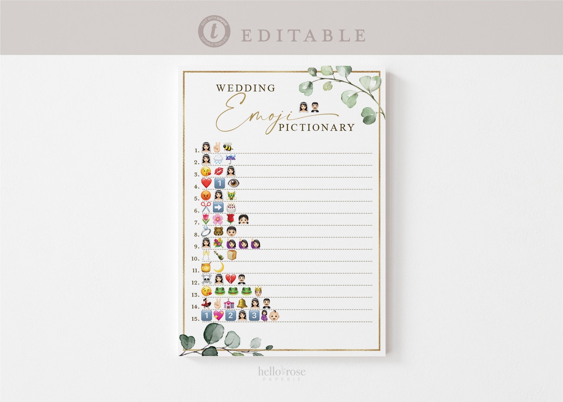 Wedding Emoji Pictionary Bridal Shower Bachelorette Game . Greenery + Gold . PRINTABLE Editable Template Instant Download Templett G2-T