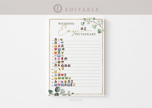 Wedding Emoji Pictionary Bridal Shower Bachelorette Game . Greenery + Gold . PRINTABLE Editable Template Instant Download Templett G2-T