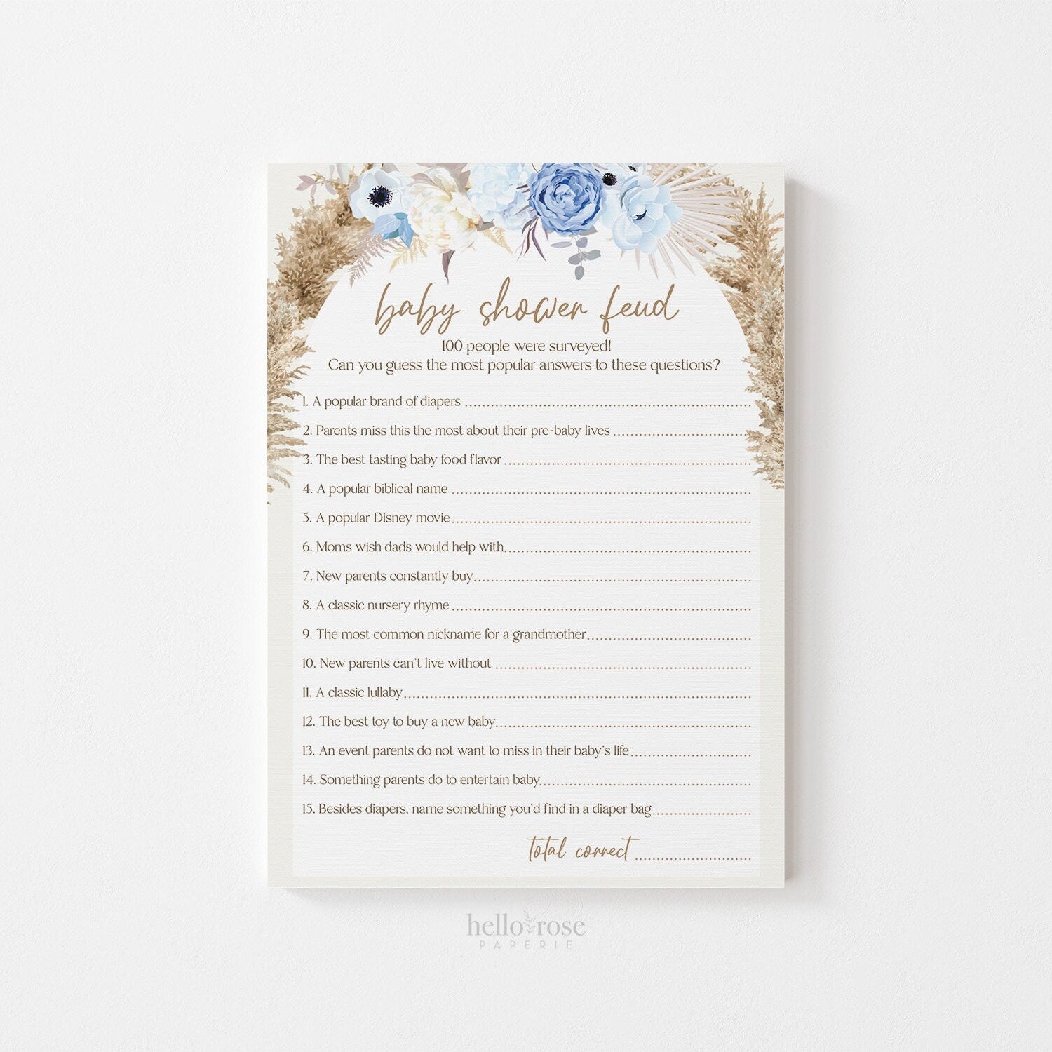 Baby Shower Feud Personalized Game . Blue Floral Boho Pampas Boy Baby Shower . PRINTABLE Editable Template . Instant Download Templett