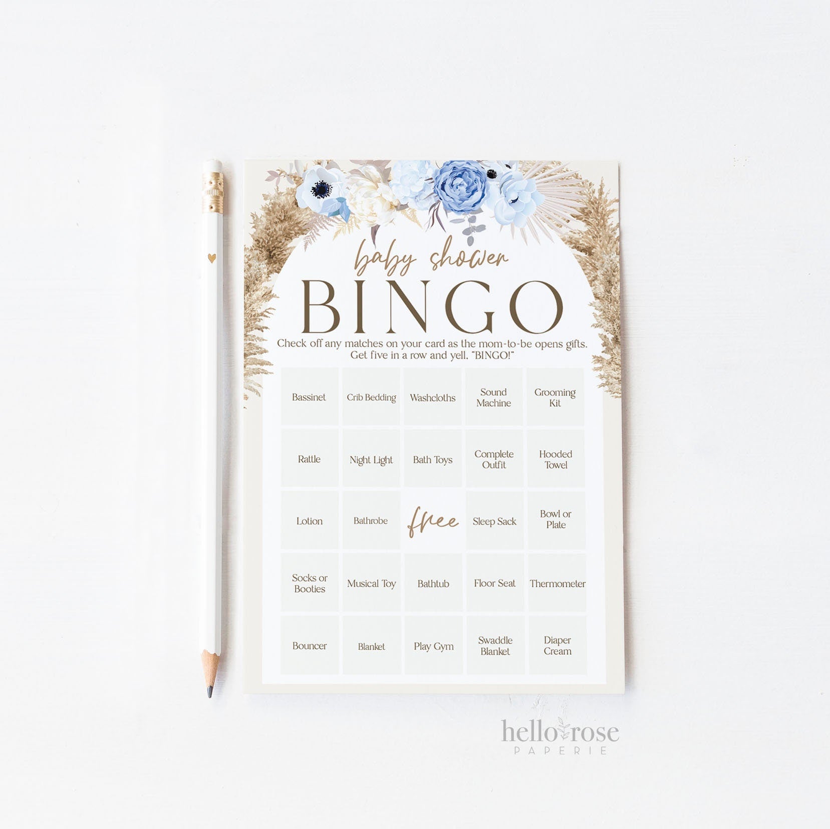 Baby Shower Bingo 50 Pre Filled Unique Printable Game Cards . Presents Gift Opening Bingo Game . Pampas Grass Blue Floral . Instant Download