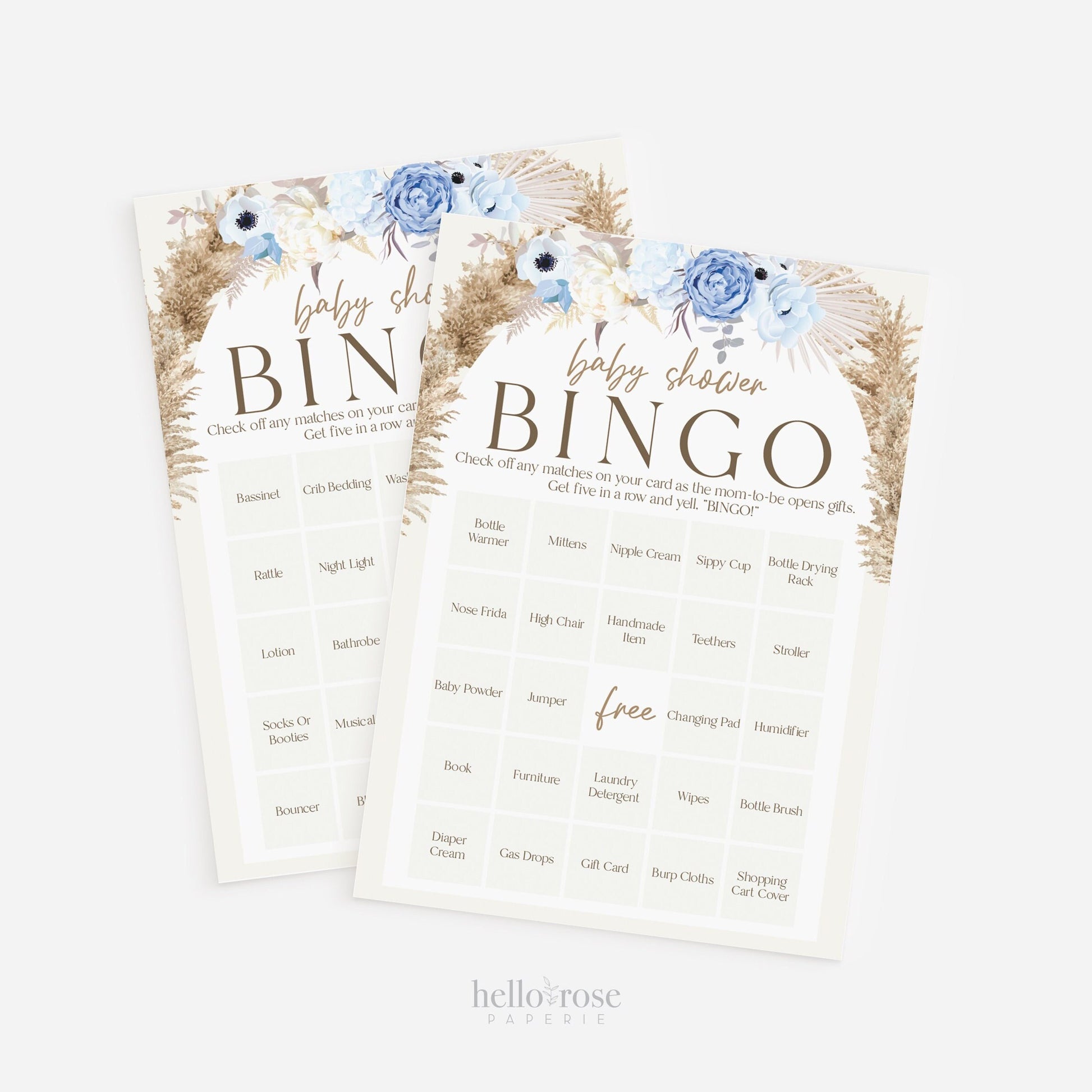 Baby Shower Bingo 50 Pre Filled Unique Printable Game Cards . Presents Gift Opening Bingo Game . Pampas Grass Blue Floral . Instant Download