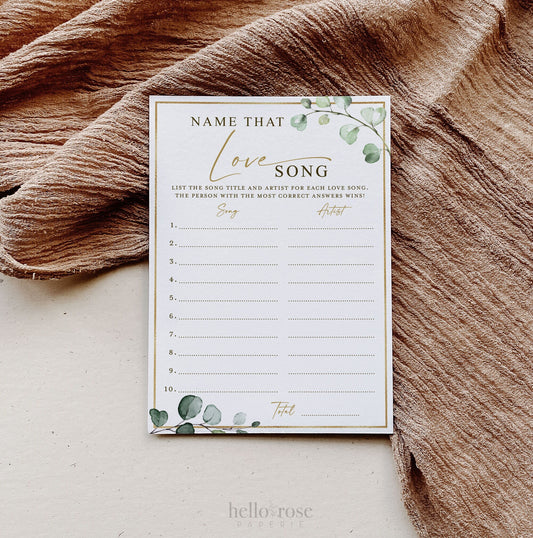 Name That Love Song Bridal Shower Game . Love Tunes . Greenery and Gold . Hens Bachelorette Party . Printable Instant Download G2