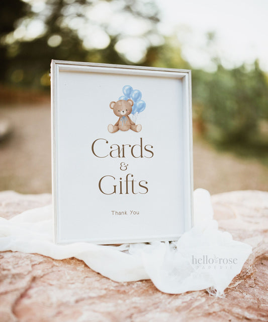 Baby Shower Cards and Gifts Sign . Printable Table Sign . Boy Teddy Bear with Blue Balloons . We Can Bearly Wait . PRINTABLE DOWNLOAD 8x10
