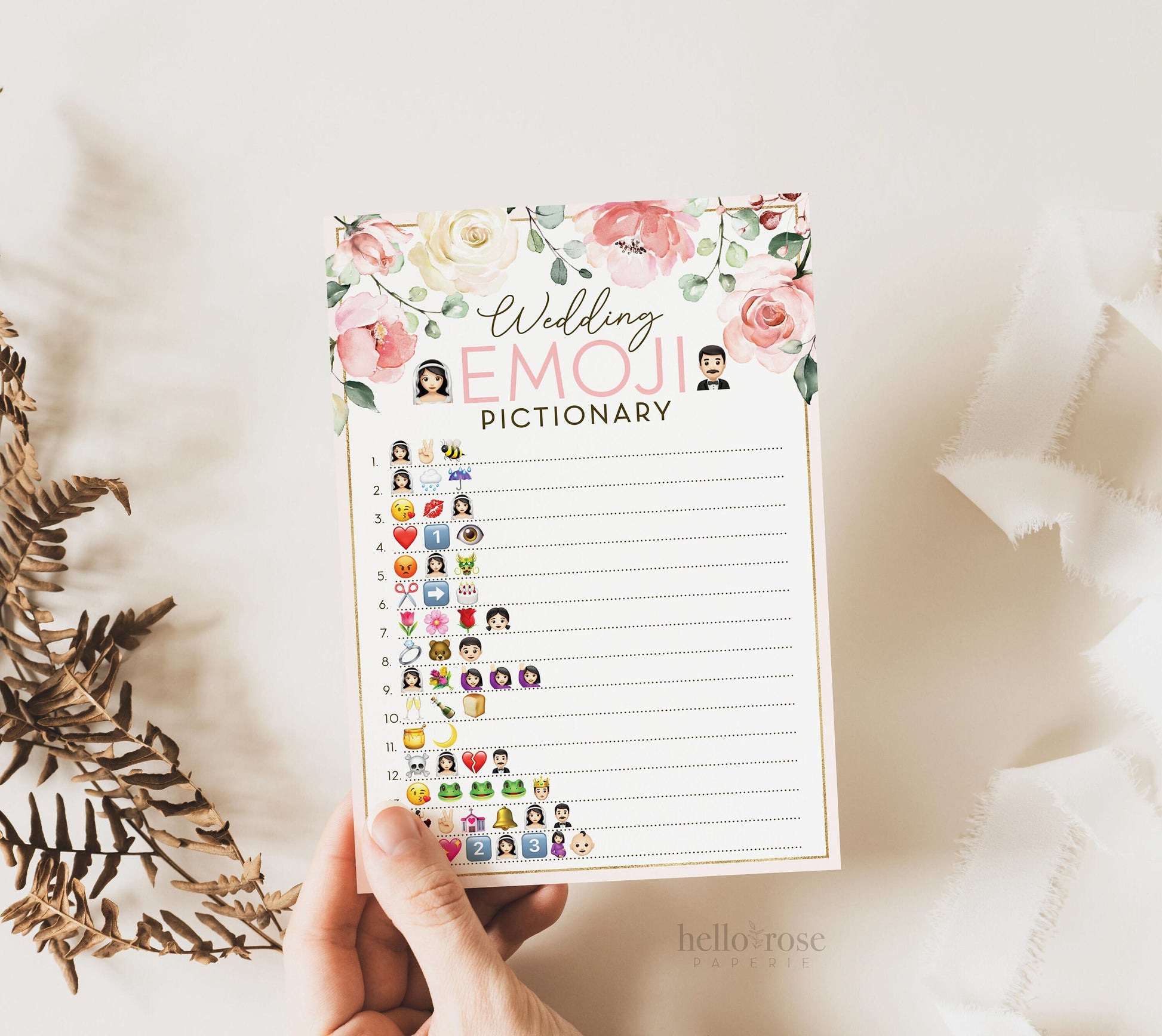 Wedding Emoji Pictionary Floral Bridal Shower Game . Printable Icebreaker . Hen Bachelorette Party . Pink Rose Eucalyptus . Instant Download