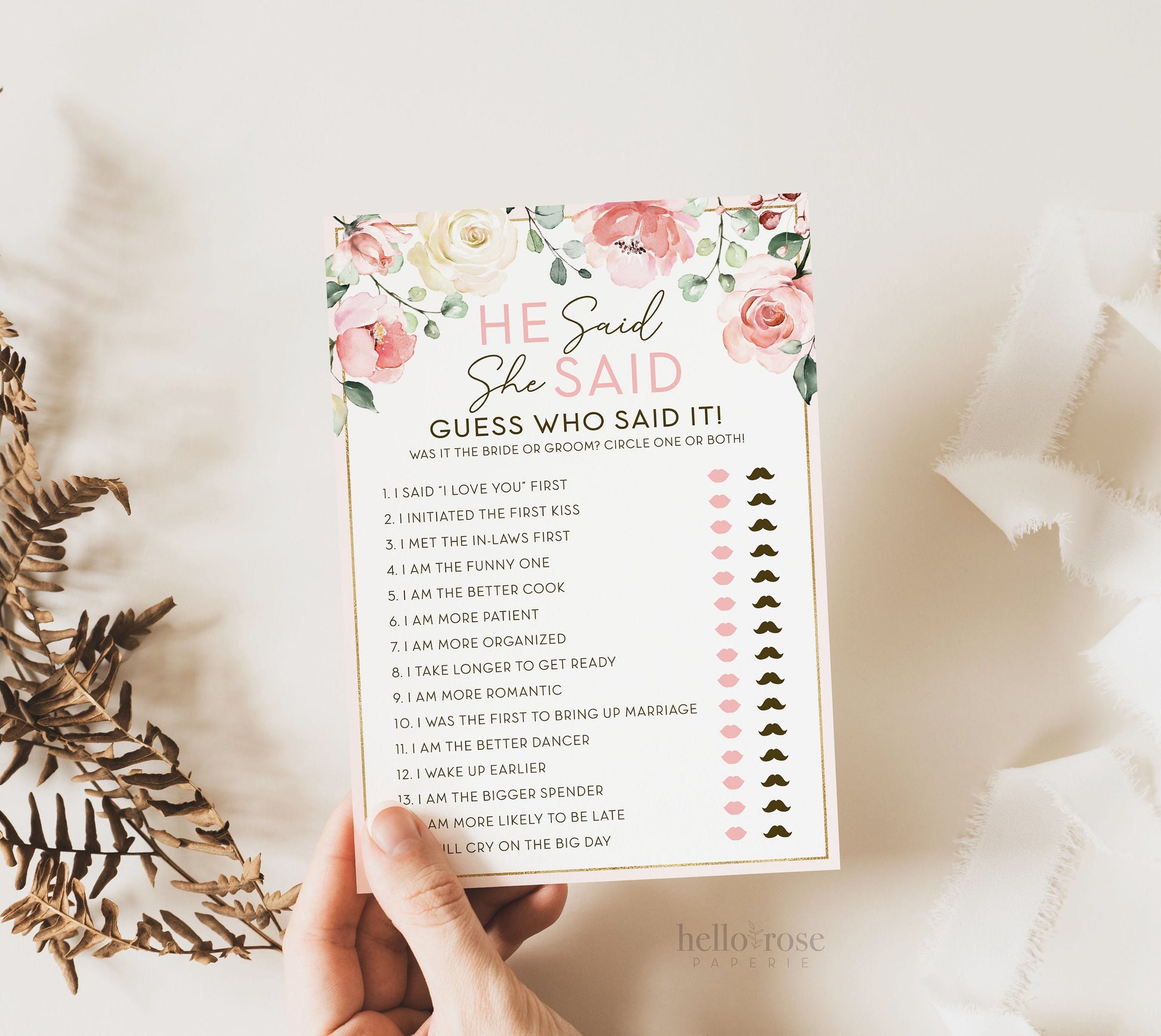 He Said She Said Floral Bridal Shower Game . Printable Icebreaker . Hen Bachelorette Party . Rustic Pink Roses Eucalyptus . Instant Download