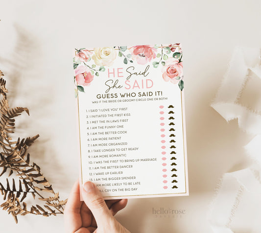 He Said She Said Floral Bridal Shower Game . Printable Icebreaker . Hen Bachelorette Party . Rustic Pink Roses Eucalyptus . Instant Download