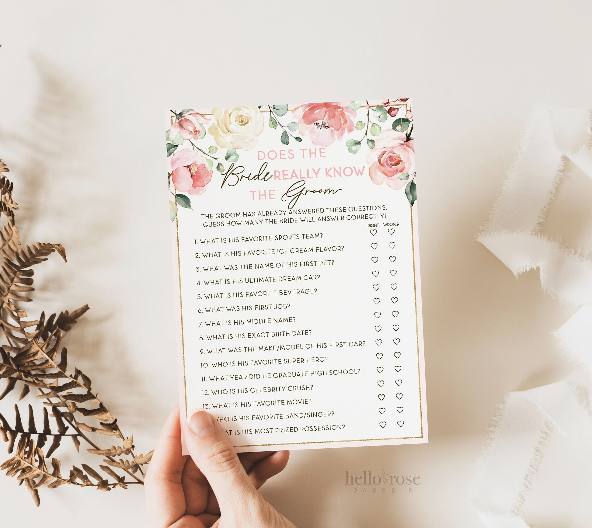 Does the Bride Really Know the Groom . Printable Bridal Shower Game . Bachelorette Hens Party . Blush Pink Roses Greenery . Instant Download